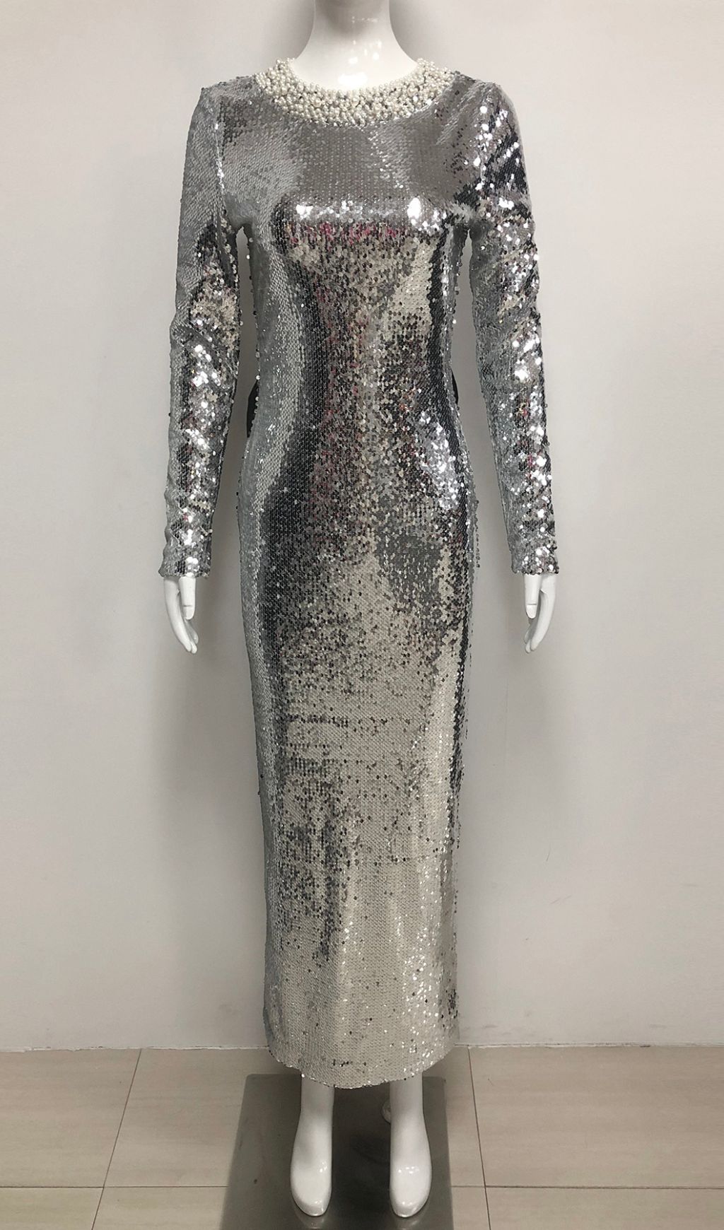 Jenesis Silver Sequin Bow Backless Maxi Dress