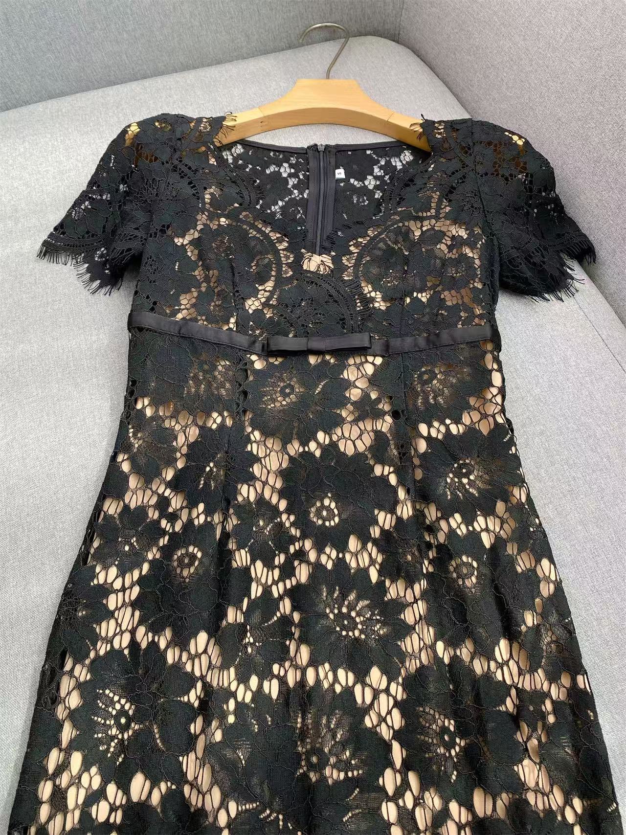 Imelda Black Lace Midi Dress | Elegant V-Neck Cocktail & Party Dress for Women