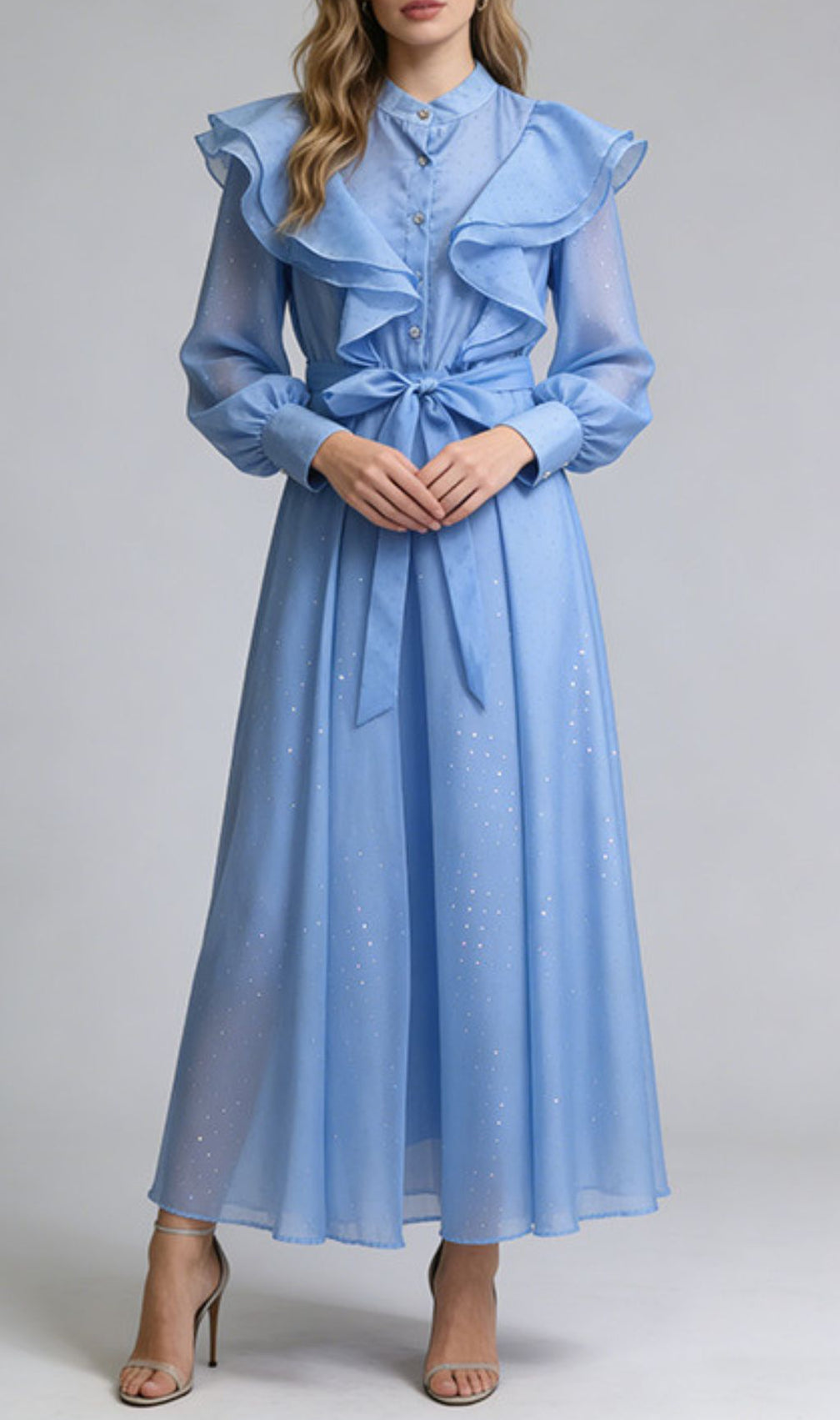 Jolanda Sparkle Ruffle Maxi Dress - Elegant Long Sleeve Gown