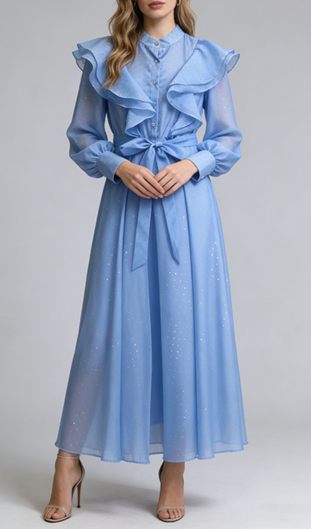 Jolanda Sparkle Ruffle Maxi Dress - Elegant Long Sleeve Gown