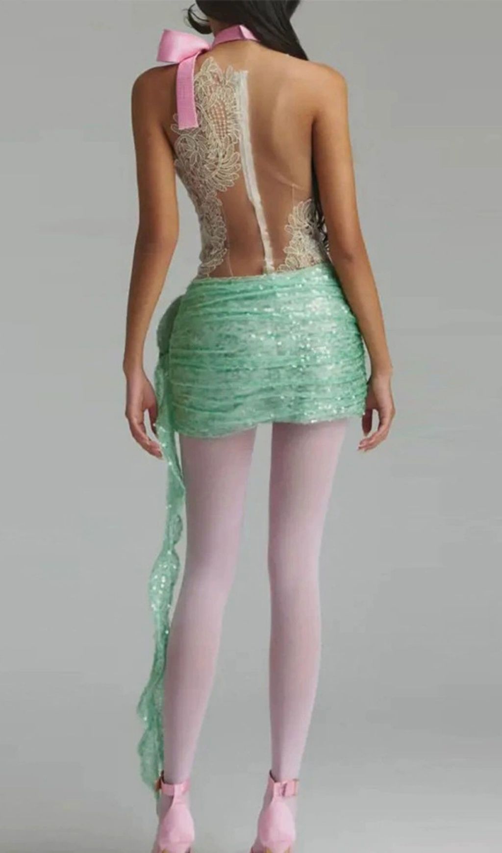 Kayla Enchanting Green Sequin & Lace Mini Dress with 3D Floral Appliqué