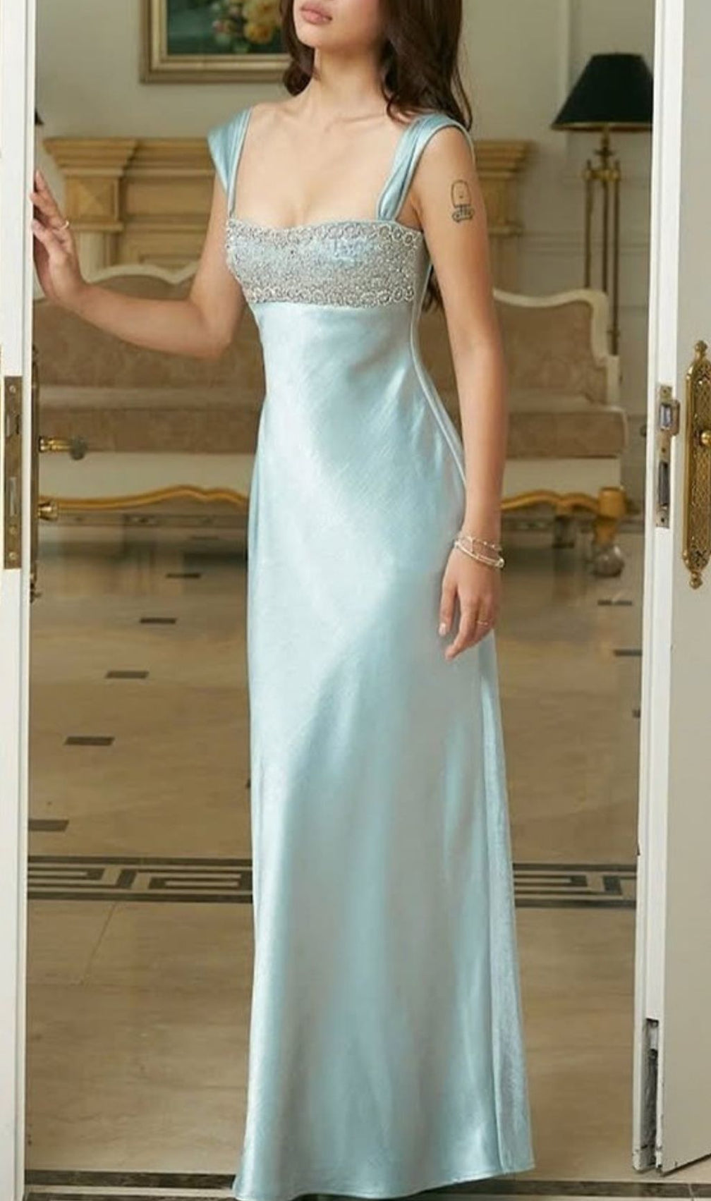 Katoka Blue Embellished Strappy Maxi Dress - Glamorous Formal Gown for Galas & Weddings