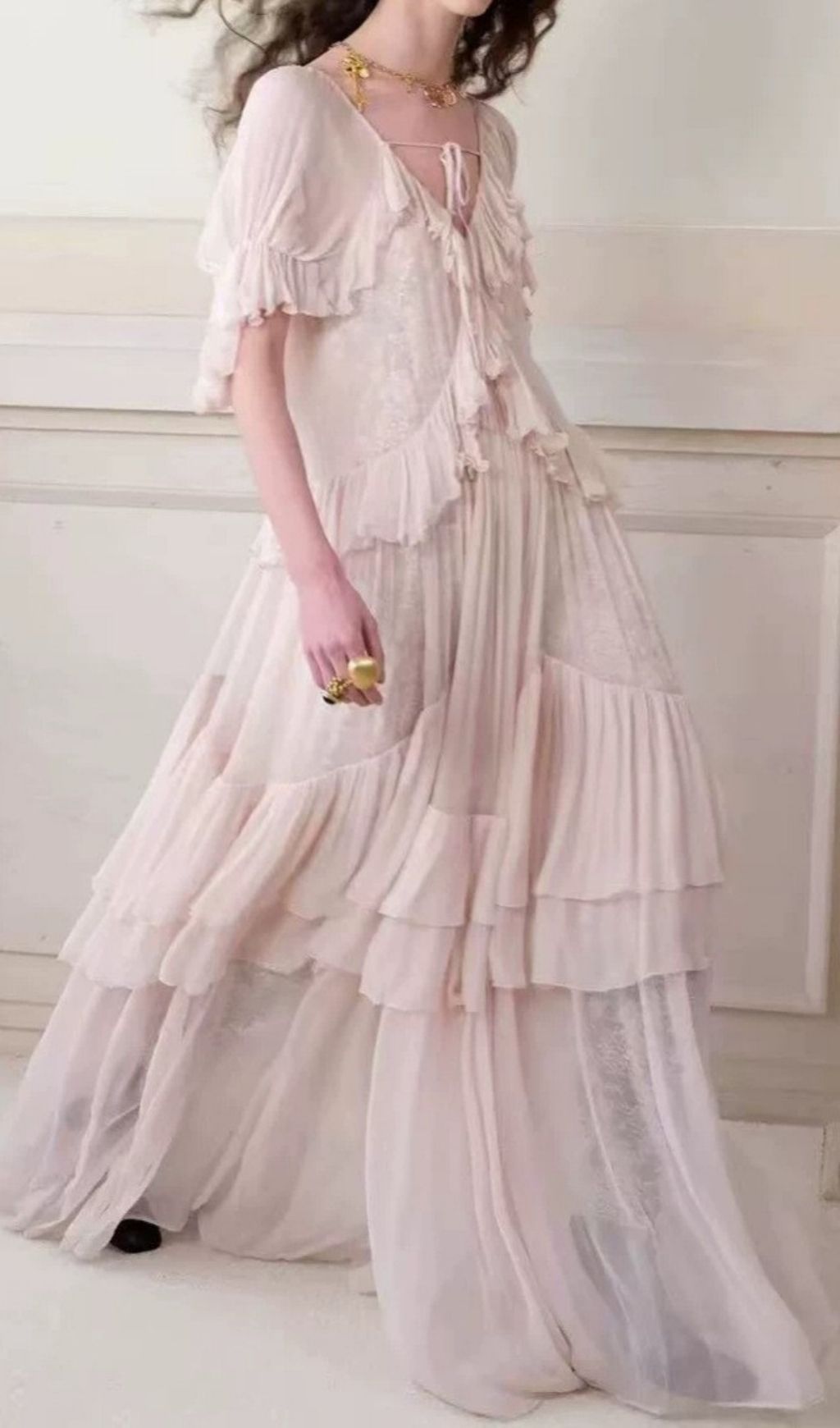 Kimamana Dreamy Pink V-Neck Ruffle Maxi Dress | Ethereal Tiered Gown for Women