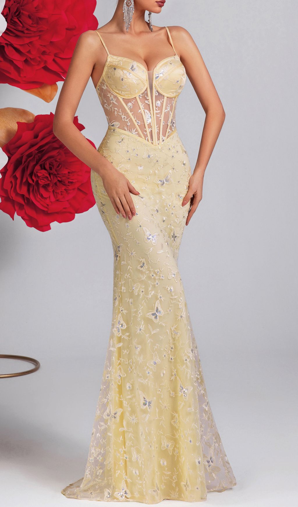 Enchanting Yellow Butterfly Corset Maxi Dress | Elegant Gala & Wedding Guest Gown