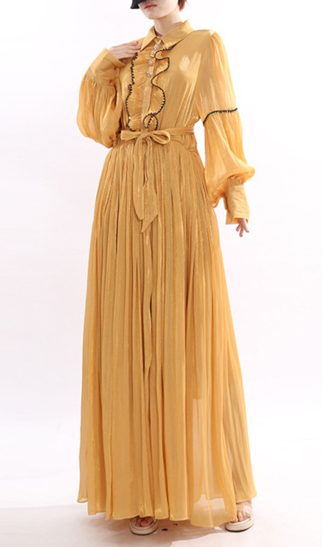Jeseray Golden Yellow Pleated Maxi Dress | Elegant Long Sleeve Ruffle Gown for Women