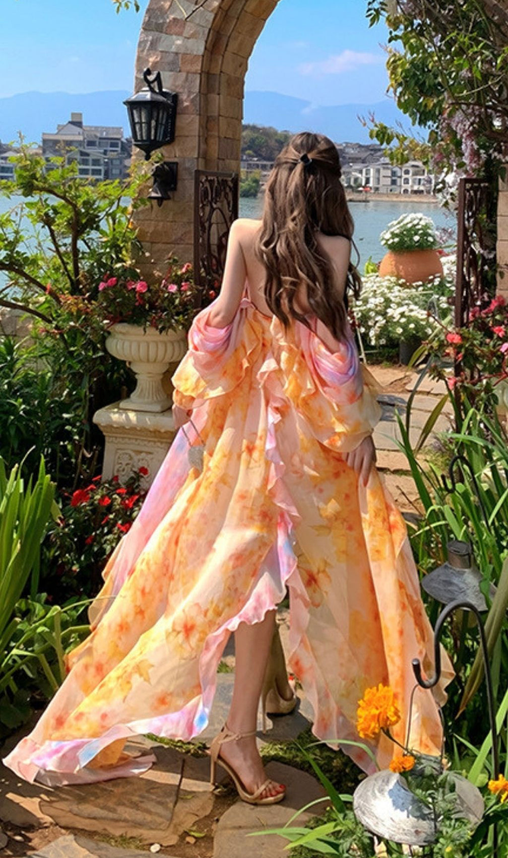 Komali Printed Butterfly Ruffle Maxi Dress