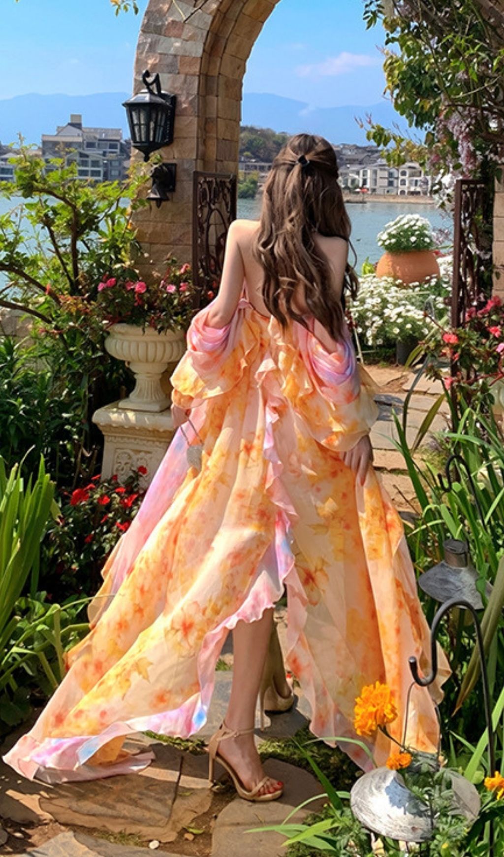 Komali Printed Butterfly Ruffle Maxi Dress