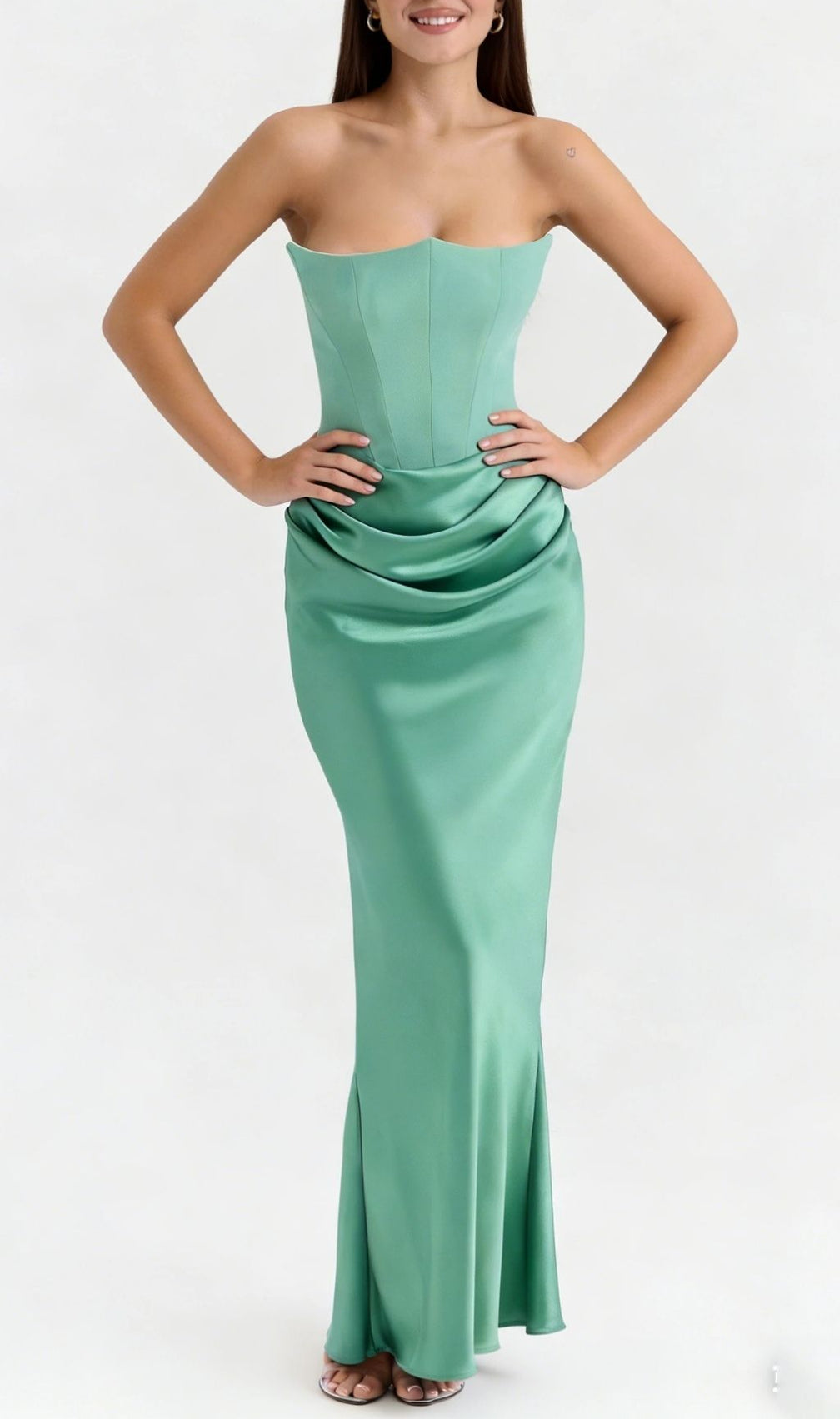 Timeless Sage Green Strapless Corset Draped Satin Gown