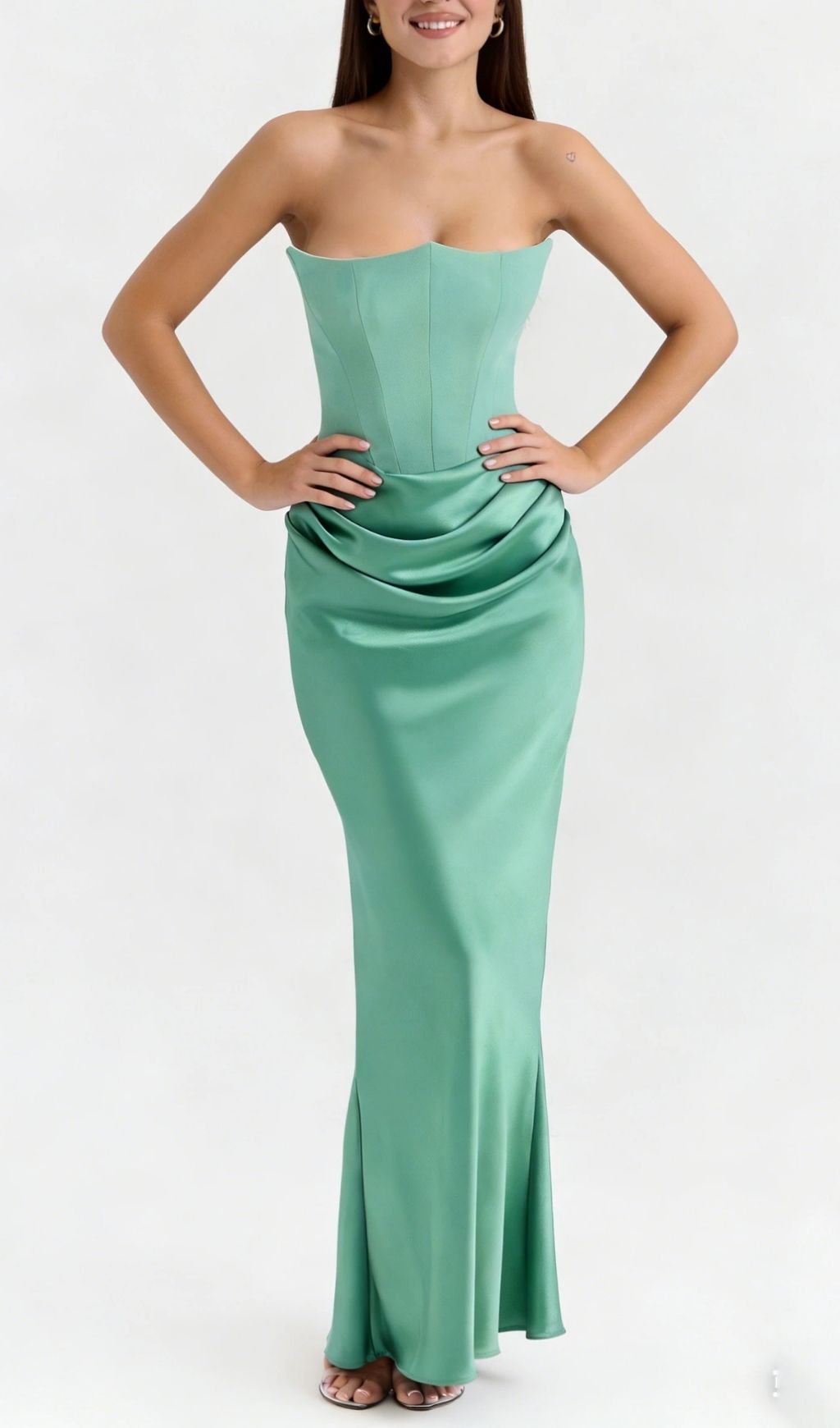 Timeless Sage Green Strapless Corset Draped Satin Gown