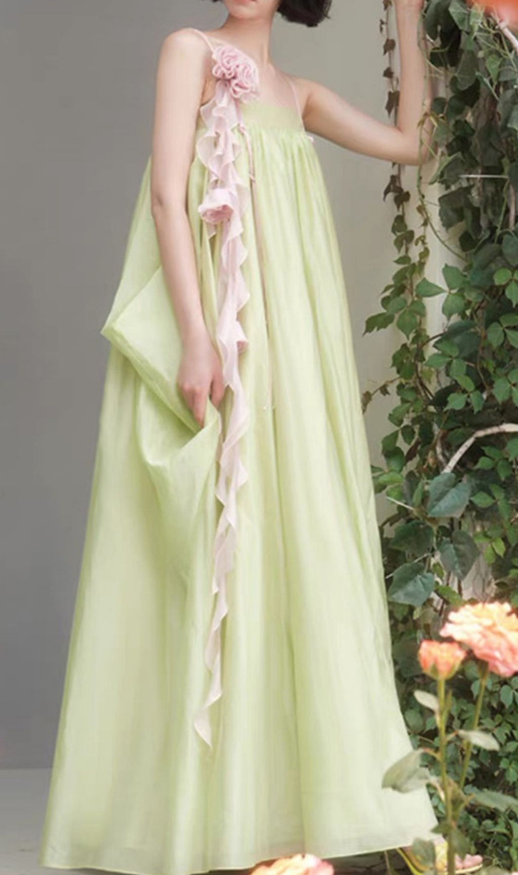 Kaisa Willow Green Romantic Maxi Dress with Cascading Floral Ruffles