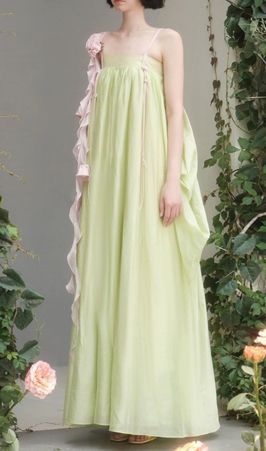 Kaisa Willow Green Romantic Maxi Dress with Cascading Floral Ruffles