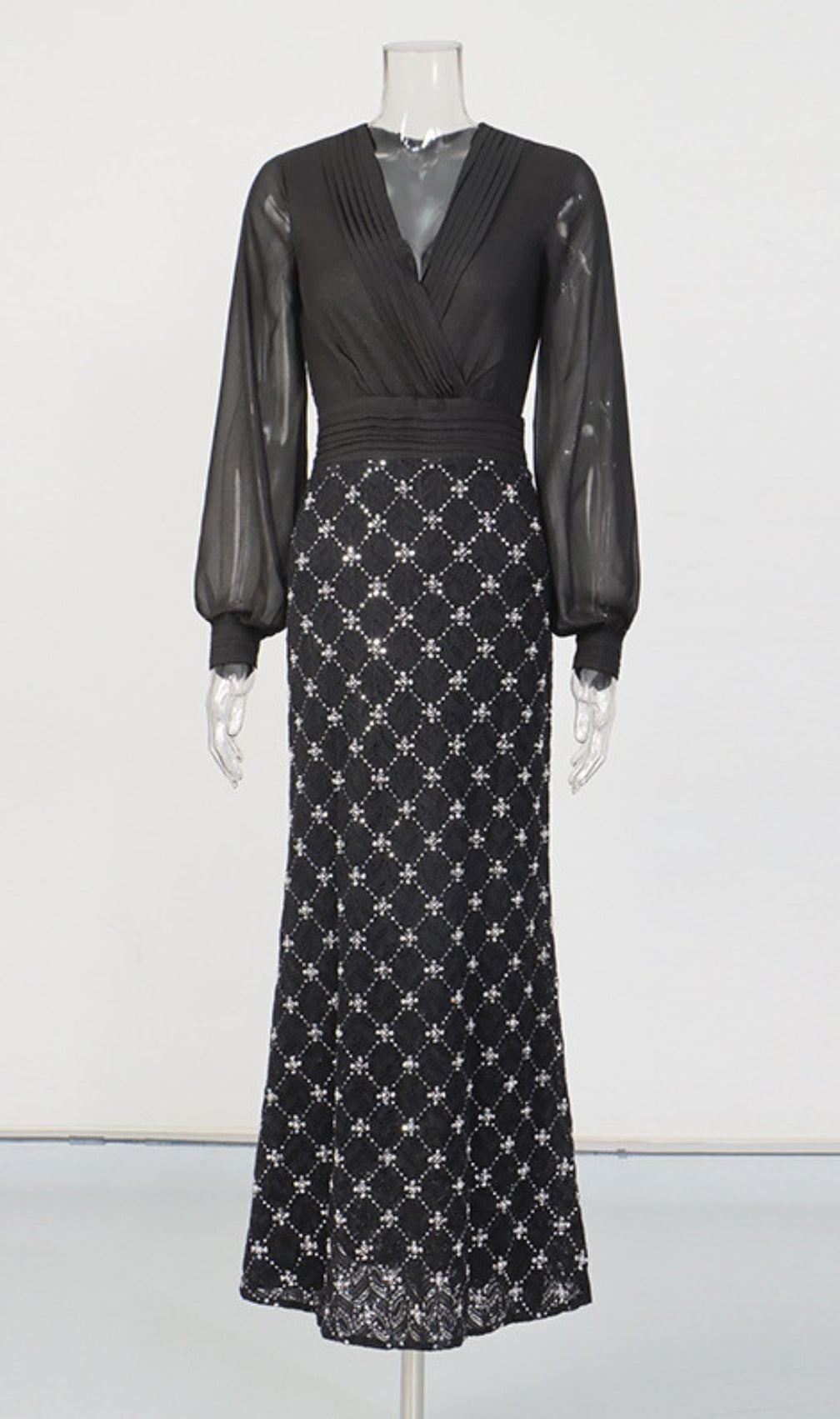 Kalonice Black Diamante Sparkle Maxi Gown - Elegant Sheer Sleeve Evening Dress