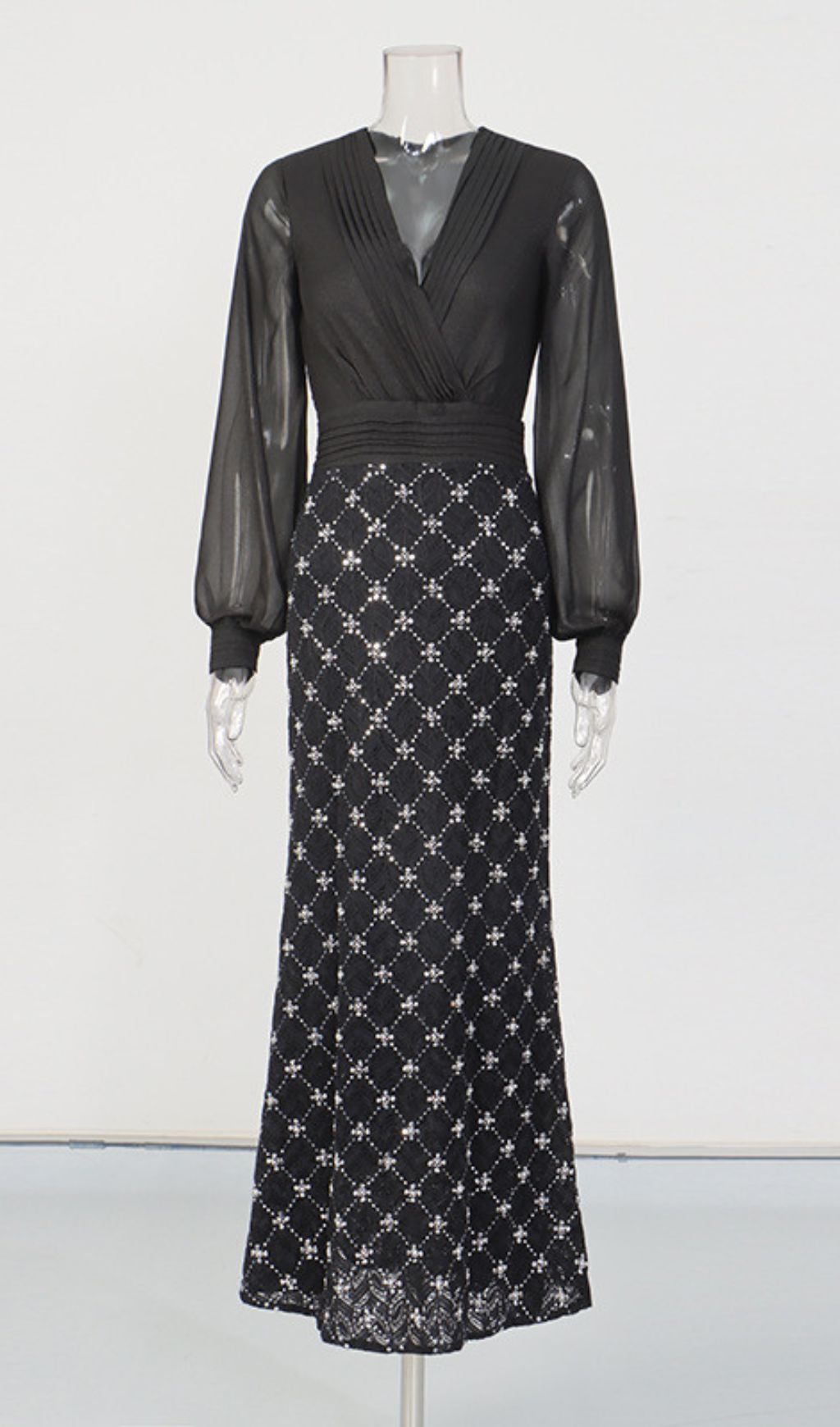 Kalonice Black Diamante Sparkle Maxi Gown - Elegant Sheer Sleeve Evening Dress