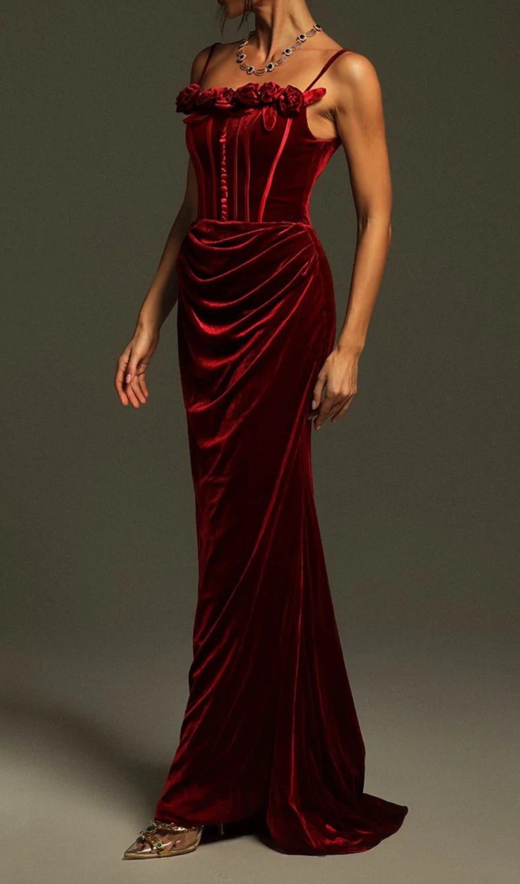 Chimene Wine Flower Velvet Maxi Dress