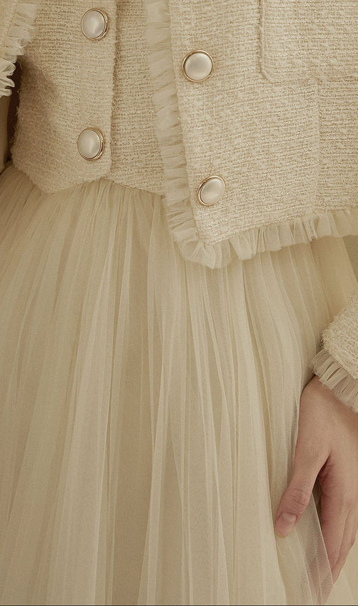 Elegant Beige Tulle Midi Dress | Sleeveless A-Line Gown for Special Occasions