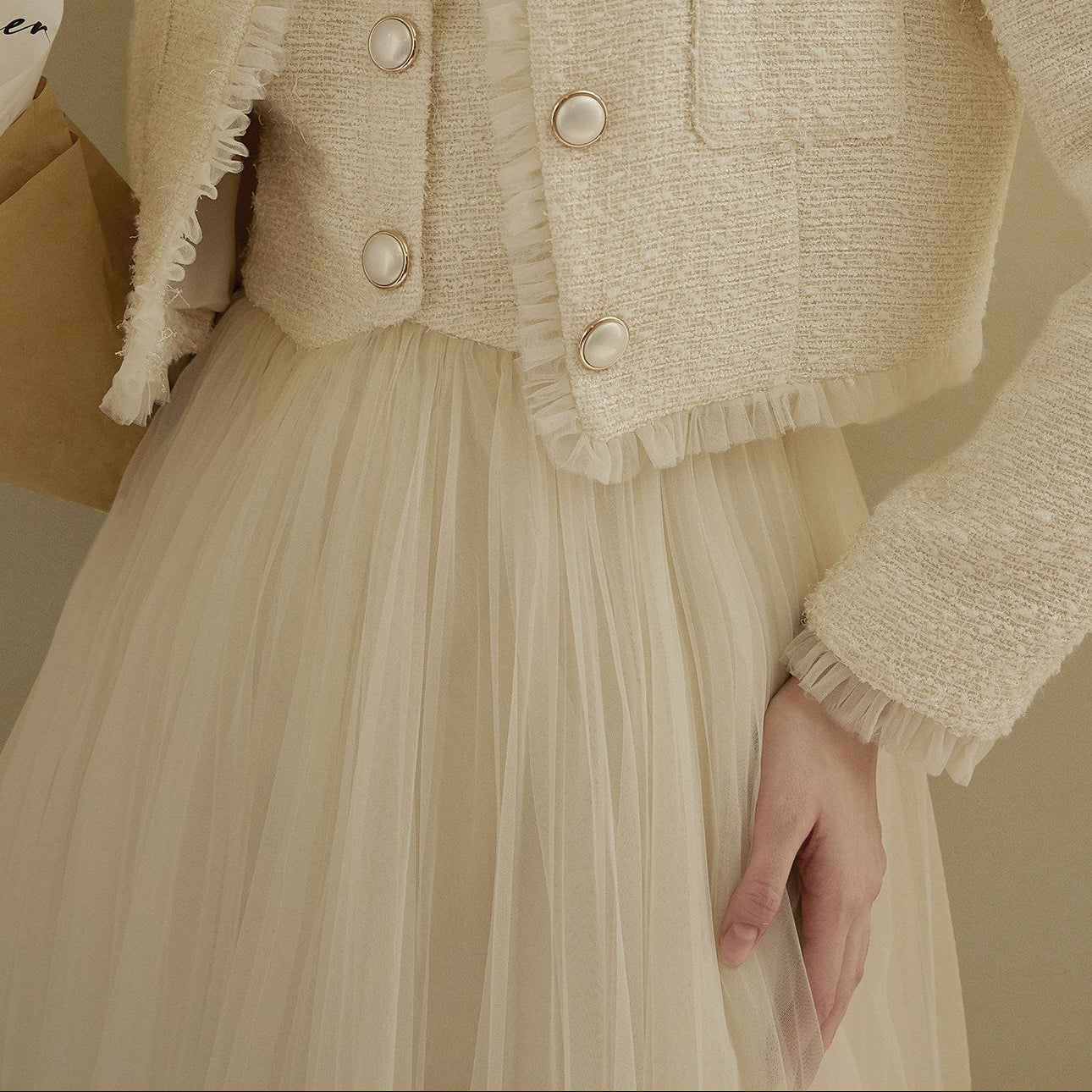 Elegant Beige Tulle Midi Dress | Sleeveless A-Line Gown for Special Occasions