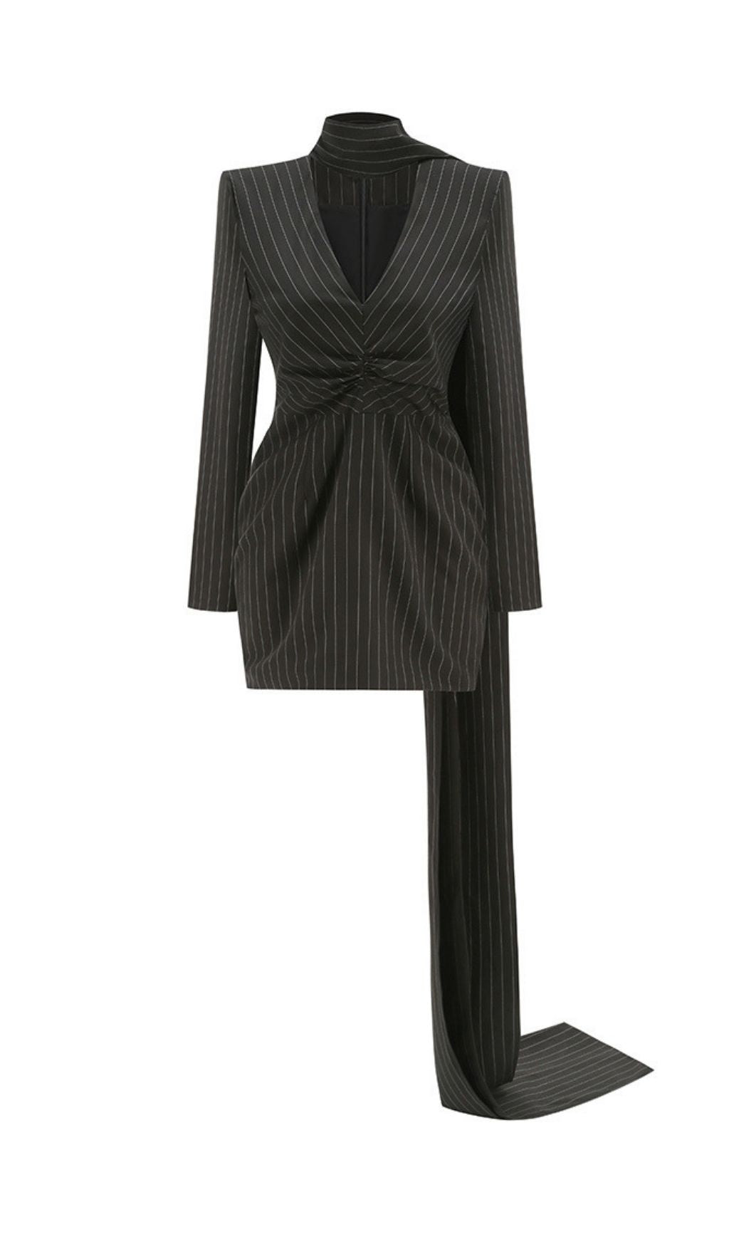Kazane Chic Pinstripe Blazer Mini Dress with Choker & Train - Black