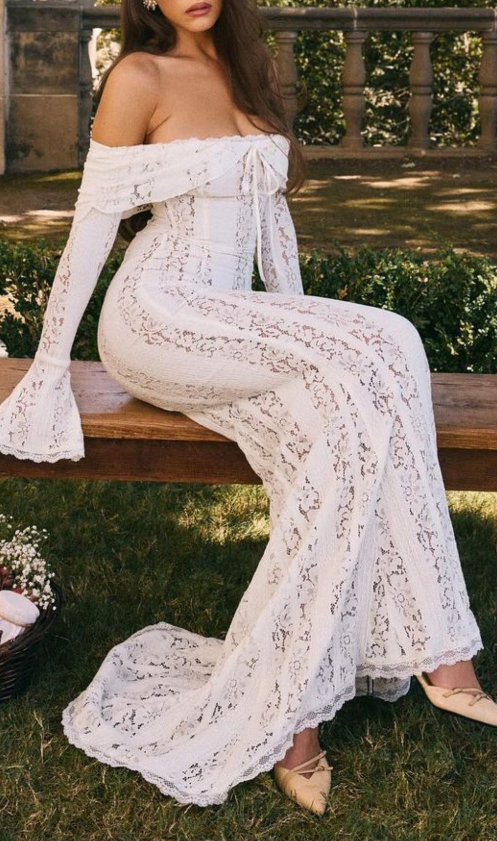 Clarissa White Flared Sleeve Lace Maxi Dress