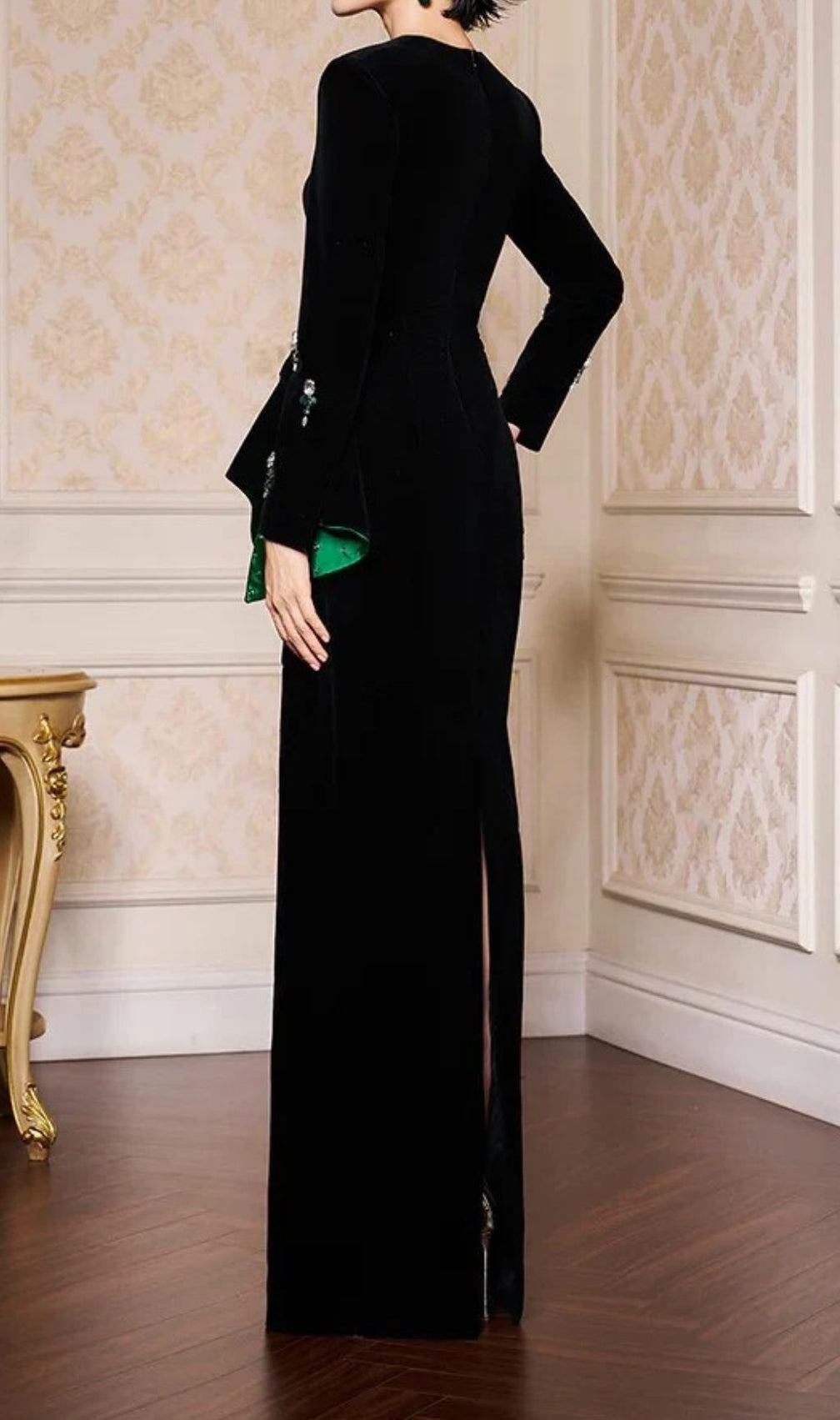 Hedya Black Velvet & Emerald Crystal Statement Maxi Gown | Long Sleeve Evening Dress