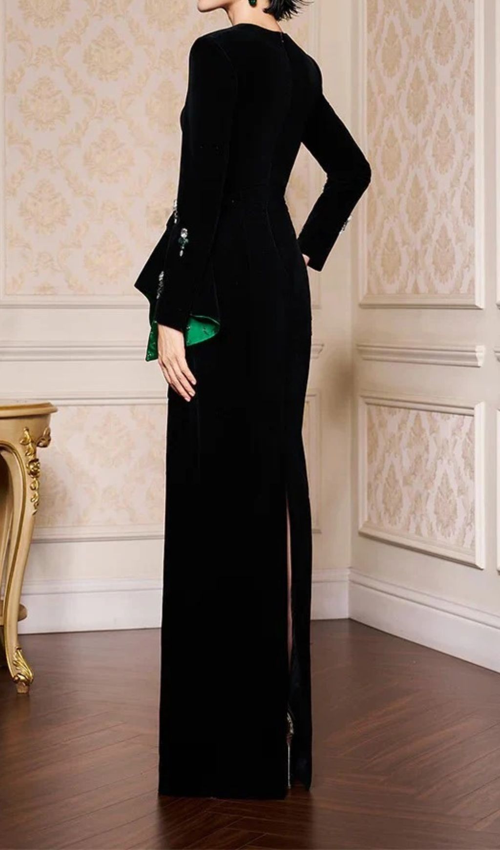 Hedya Black Velvet & Emerald Crystal Statement Maxi Gown | Long Sleeve Evening Dress