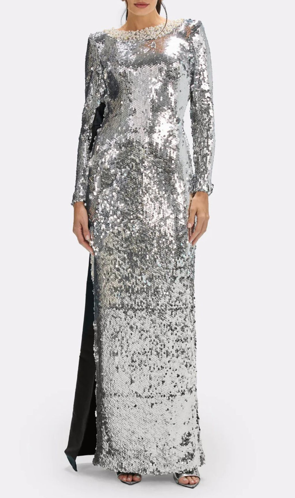 Jenesis Silver Sequin Bow Backless Maxi Dress