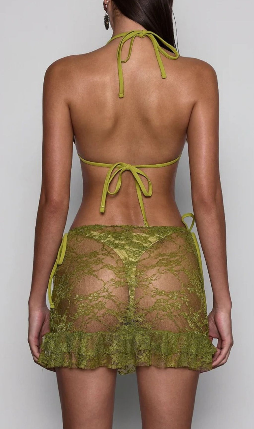 Voryxin Chic Olive Lace Ruffle 3-Piece Bikini & Skirt Cover-Up Set