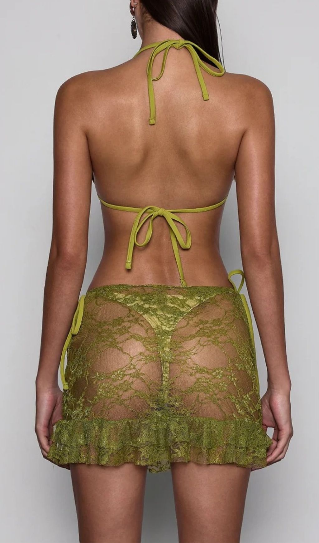 Voryxin Chic Olive Lace Ruffle 3-Piece Bikini & Skirt Cover-Up Set