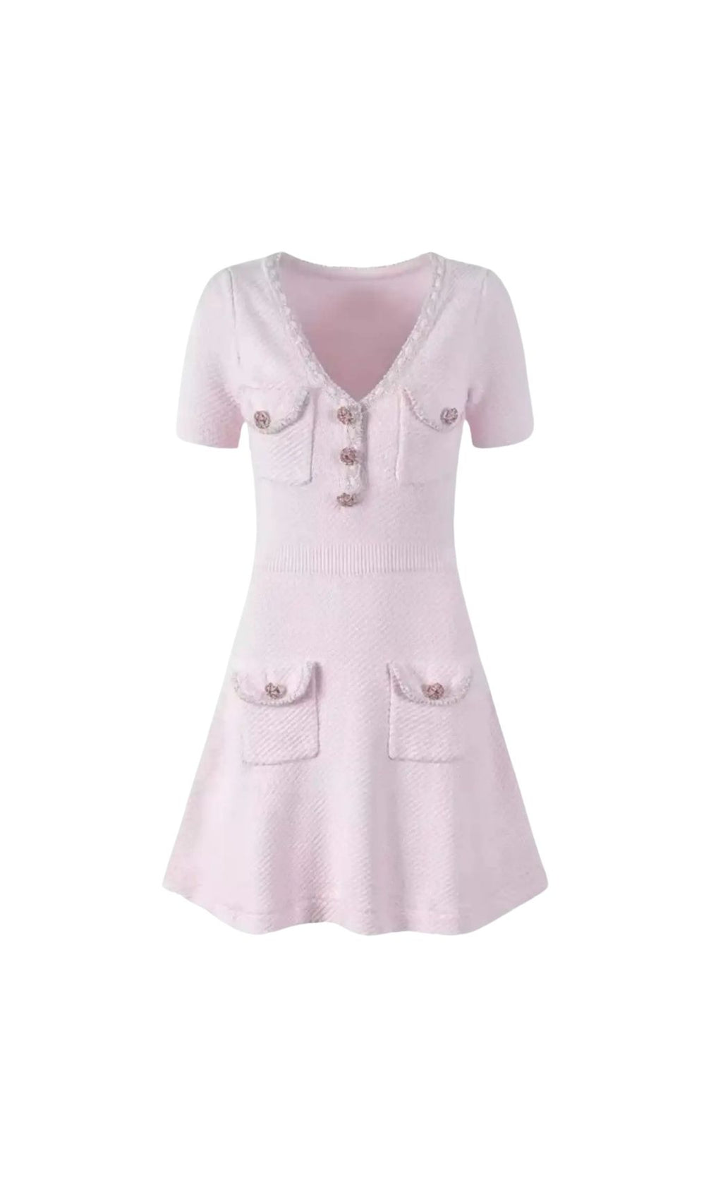 Sandra Textured Mini Dress With V-Neckline And Jewel Buttons - Pink