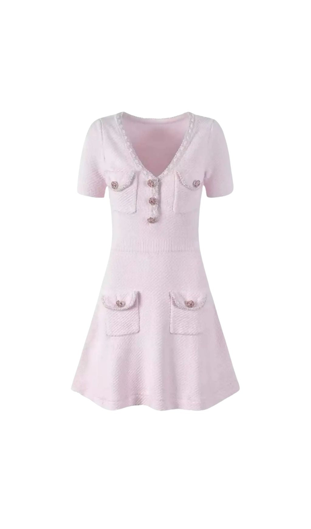 Sandra Textured Mini Dress With V-Neckline And Jewel Buttons - Pink