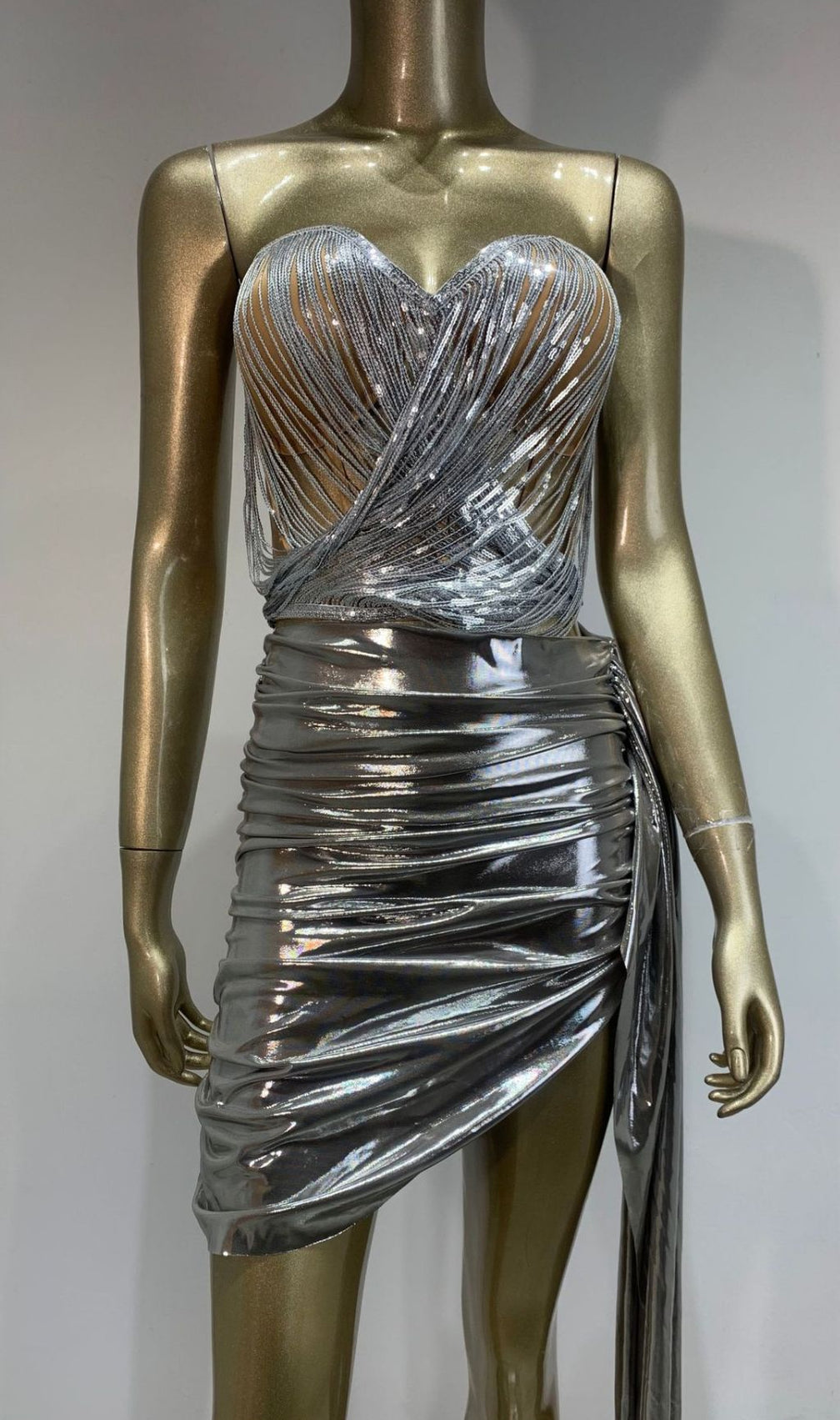 Haylia Silver Sparkle Strapless Corset & Sequin Mini Skirt Set | Glamorous Party Wear