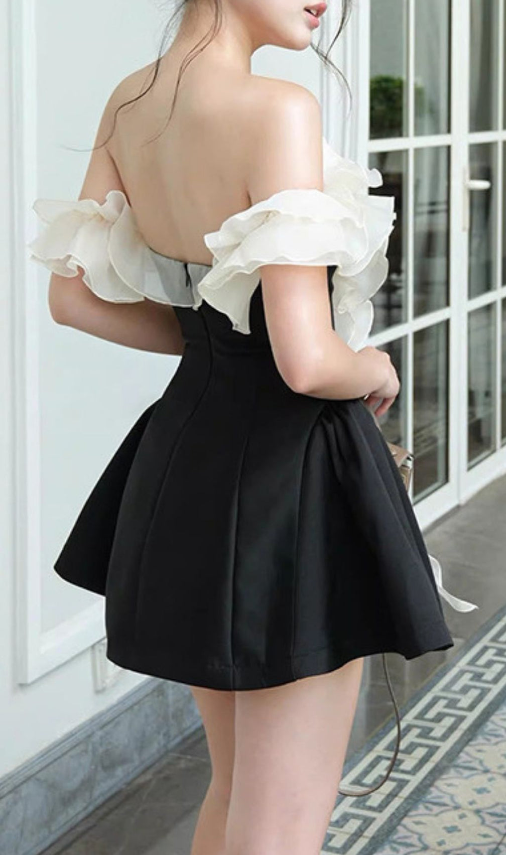 Keara Chic Black Off-Shoulder Floral Ruffle Mini Dress