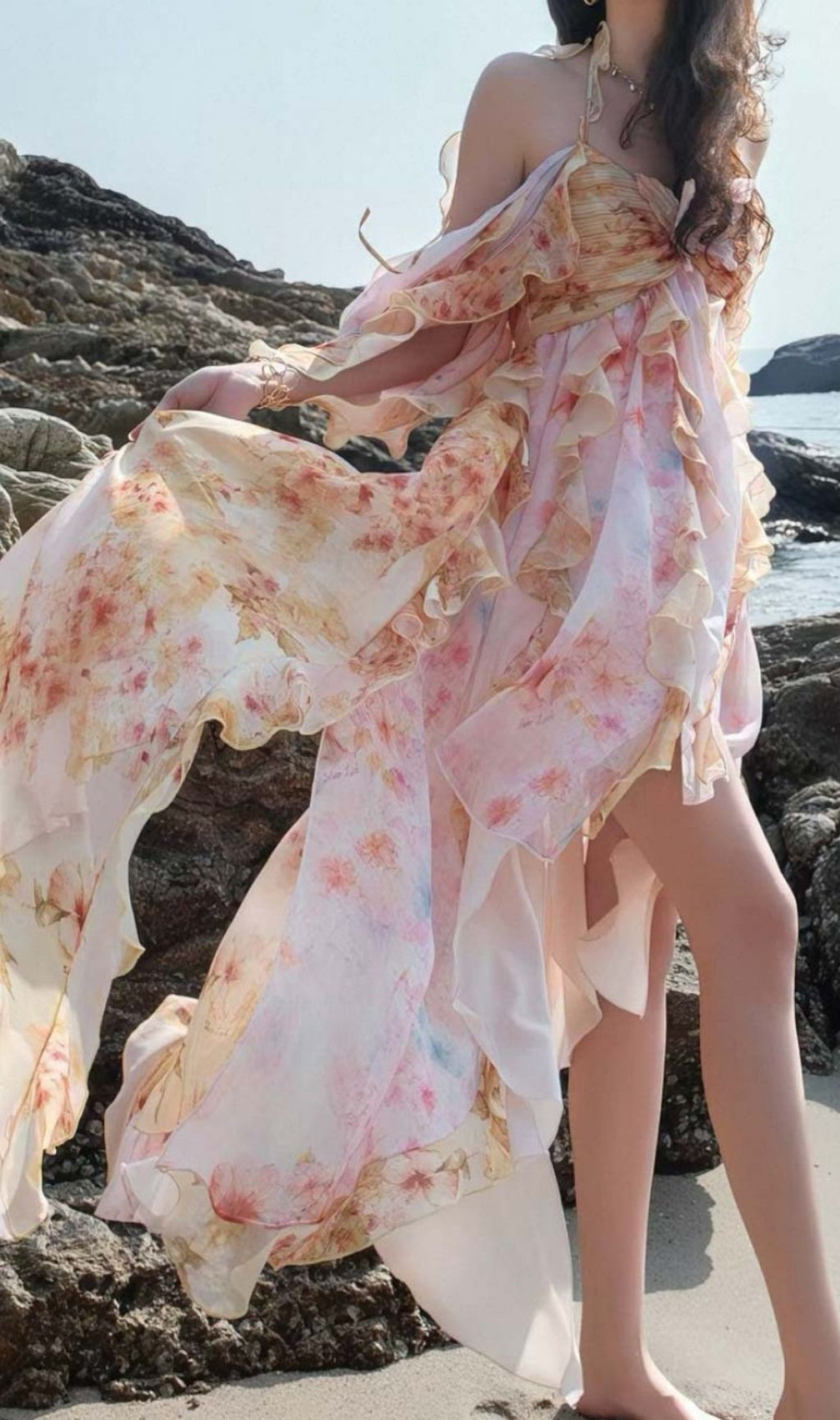 Komali Printed Butterfly Ruffle Maxi Dress