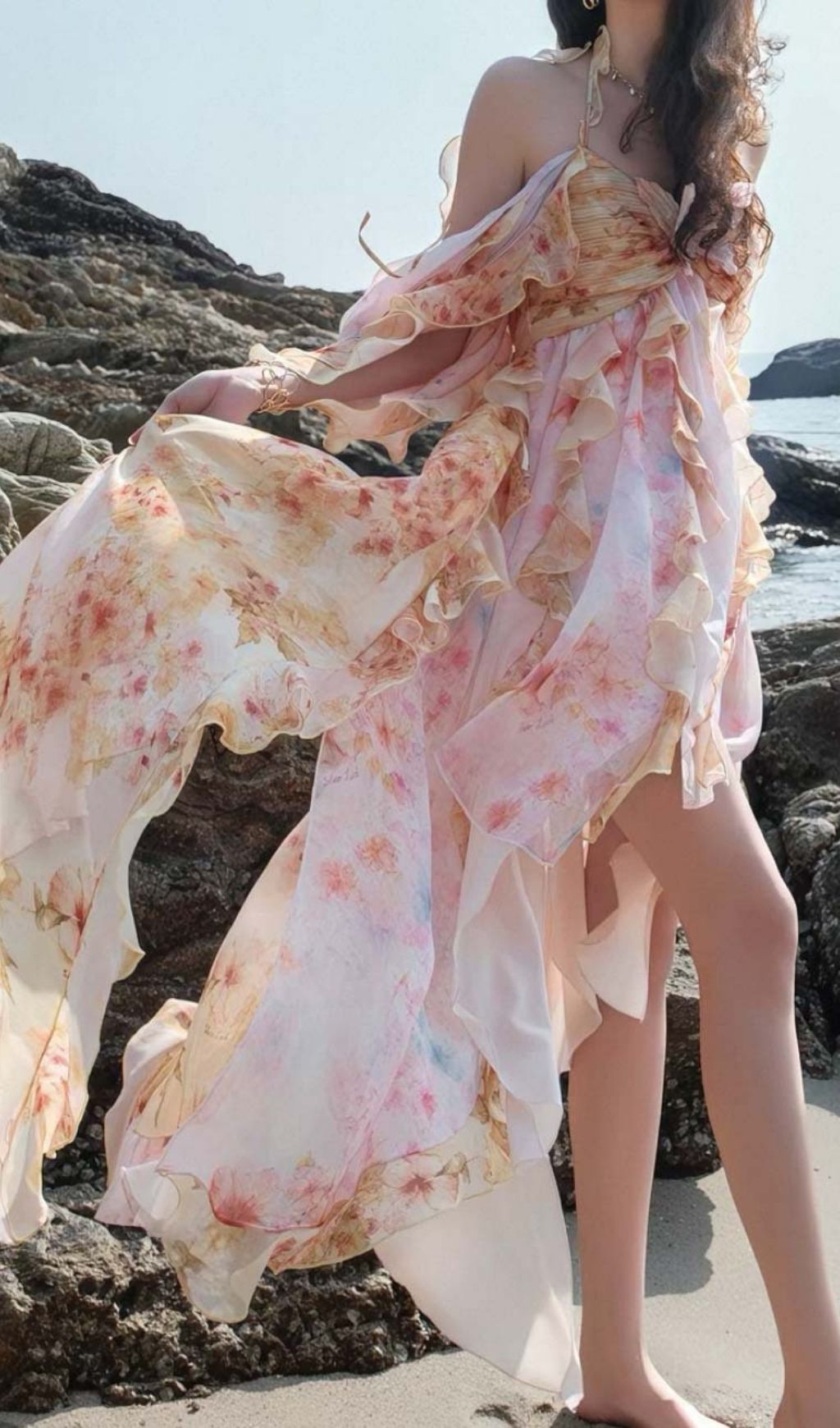 Komali Printed Butterfly Ruffle Maxi Dress