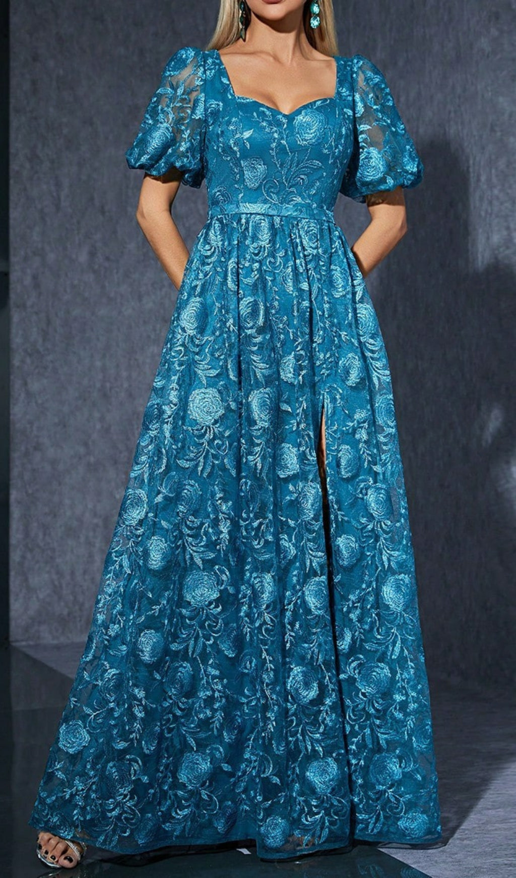 Dione Blue Puff Sleeve Flower Maxi Dress
