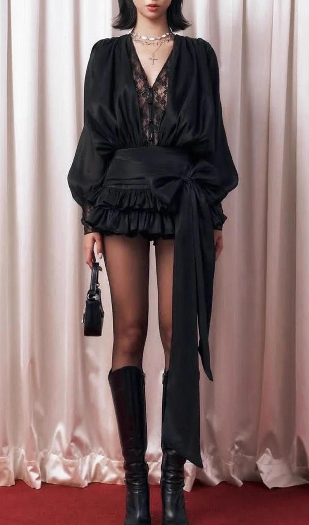 laeron V Neck Lace Bow Mini Dress In Black