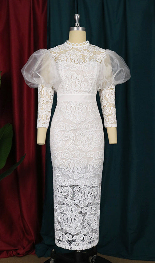 Aithne White Puff Sleeve Lace Midi Dress