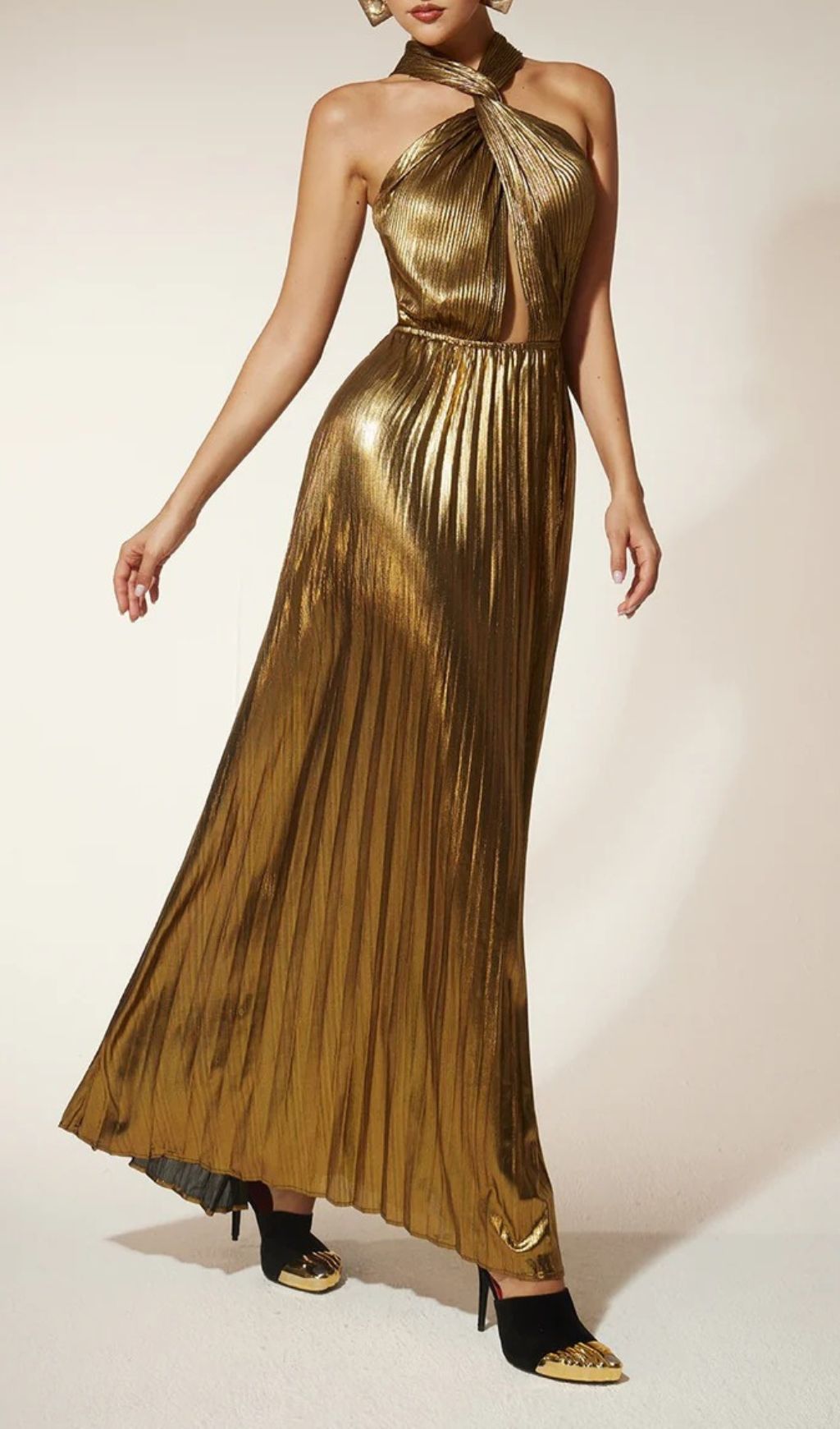 Frazilia Glam Gold Pleated Halter Cutout Maxi Dress - Event Ready Gown