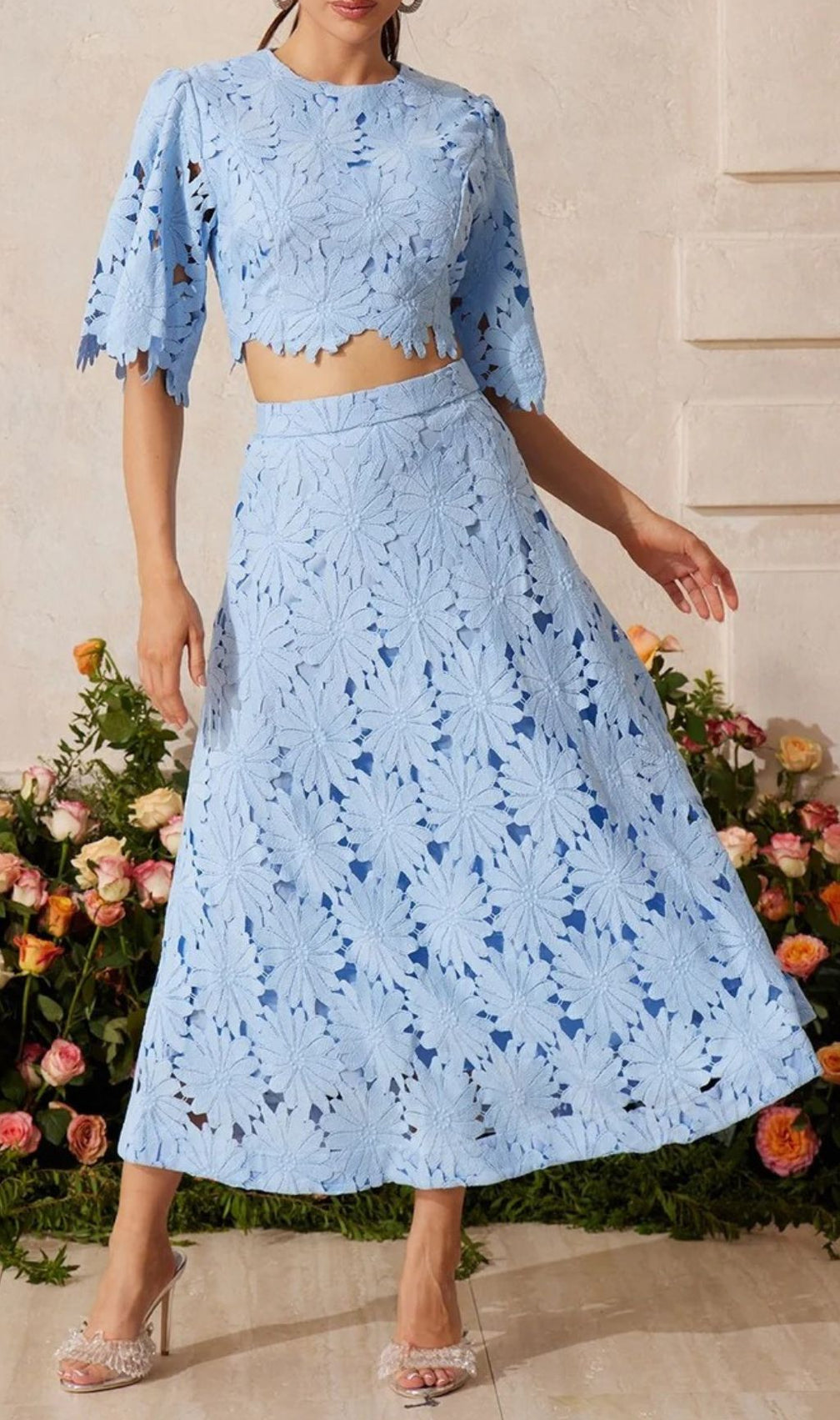 Zaelyth Elegant Floral Cut-Out Lace Skirt Set - Sky Blue Crop Top & Midi