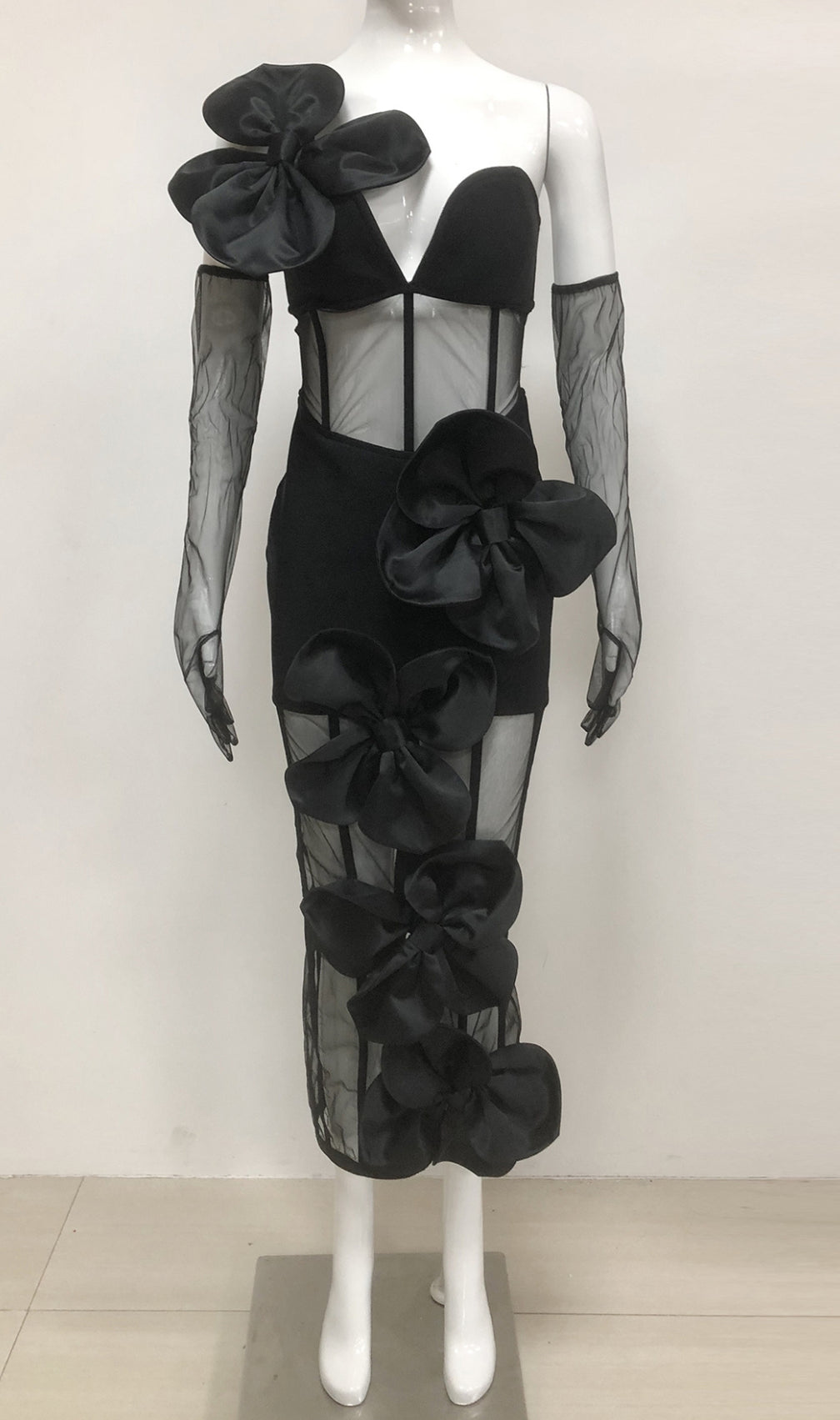 Estella Black Flower Mesh Bandage Midi Dress
