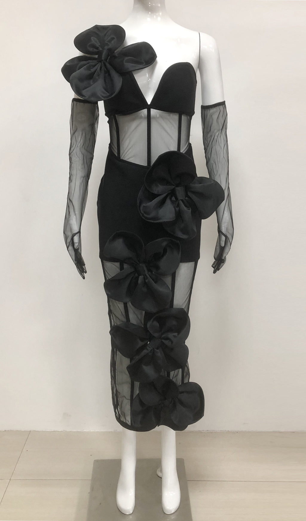 Estella Black Flower Mesh Bandage Midi Dress