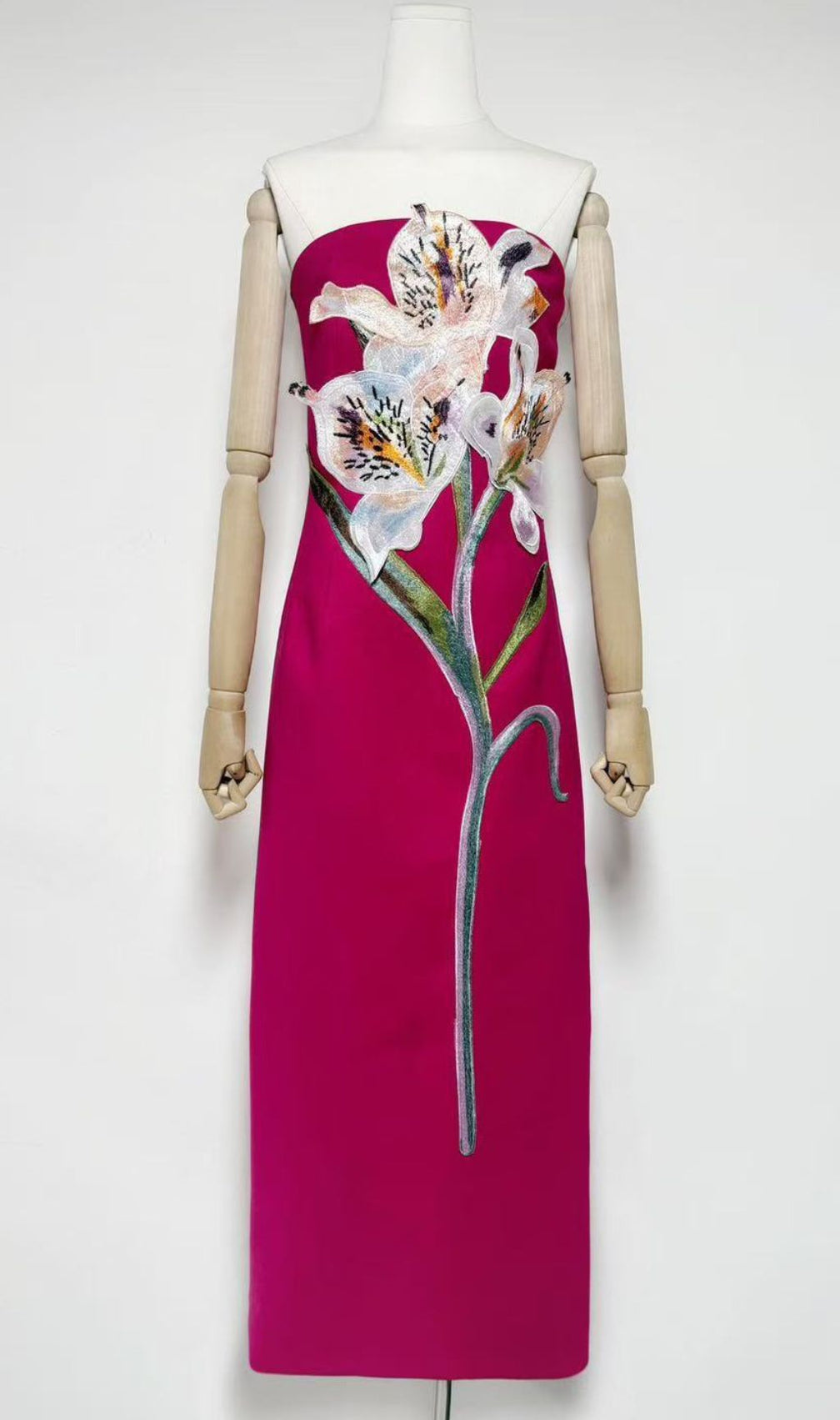 Jeneve Strapless 3D Floral Midi Dress | Elegant Magenta Statement Gown