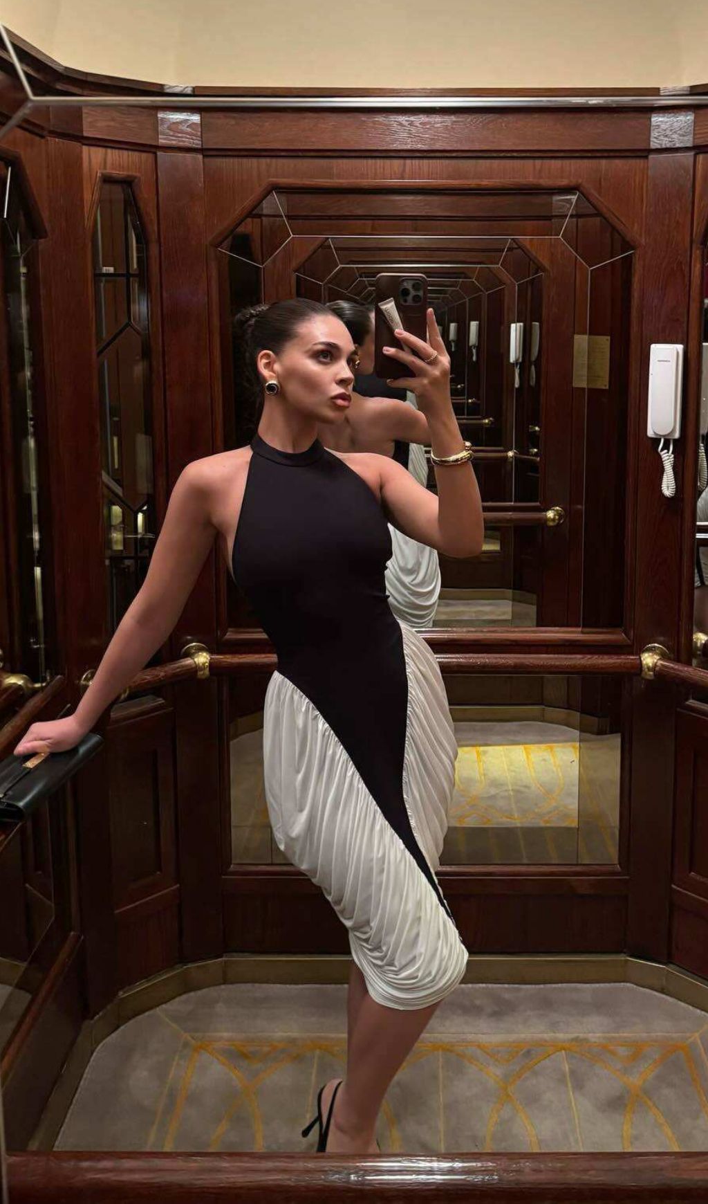 Grid Halter Ruched Bodycon Midi Dress