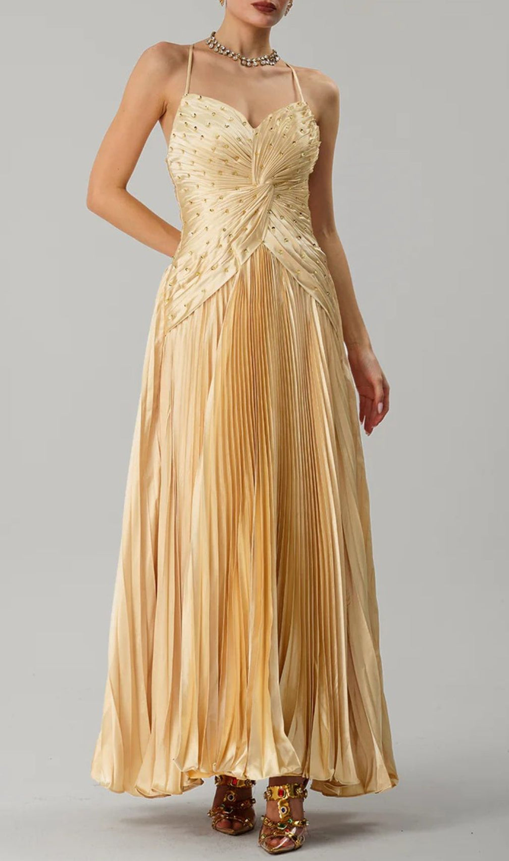 Jagtopo Elegant Champagne Gold Twisted Bodice Pleated Maxi Evening Gown