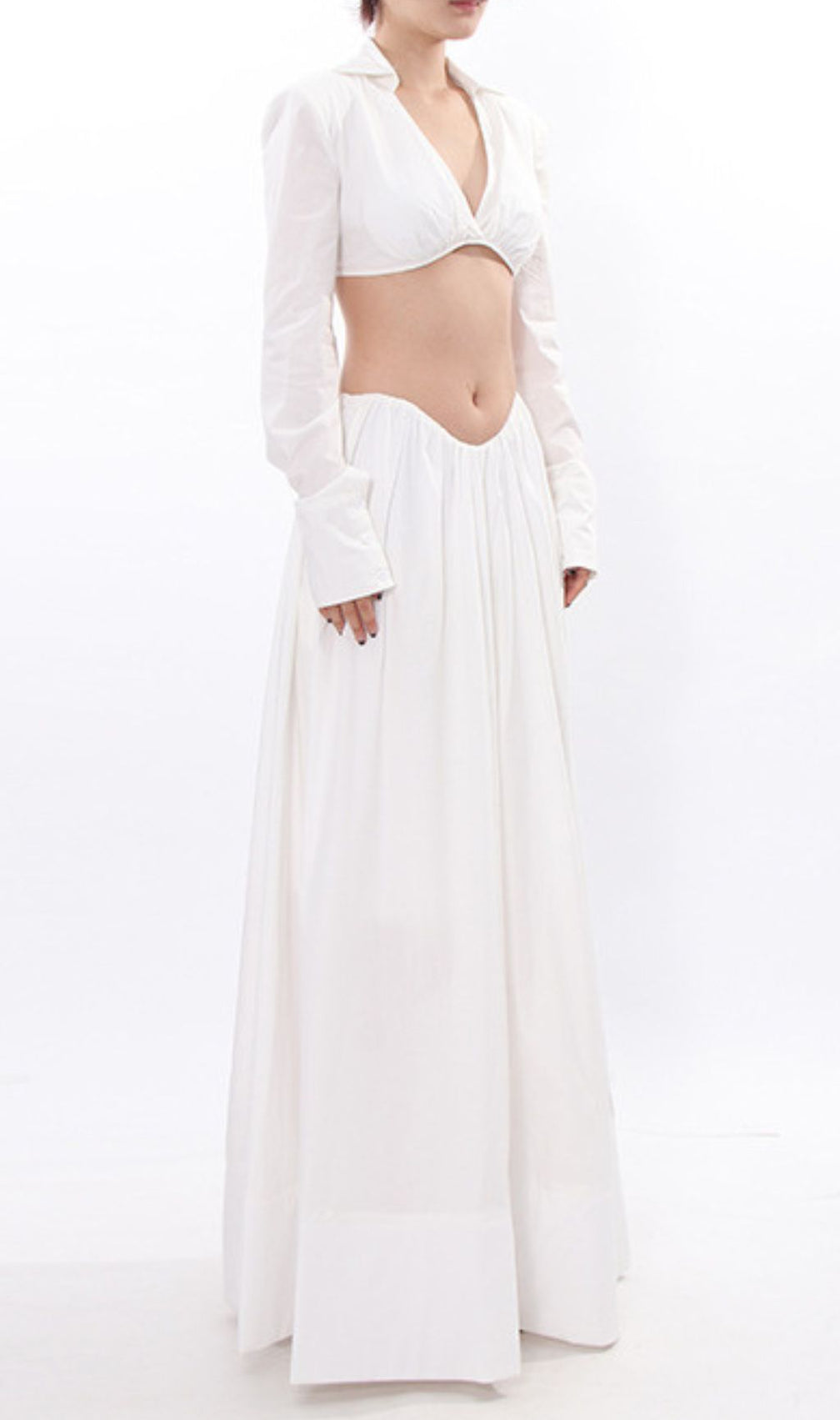 Idra Chic White Two-Piece Long Sleeve Crop Top & Maxi Skirt Set