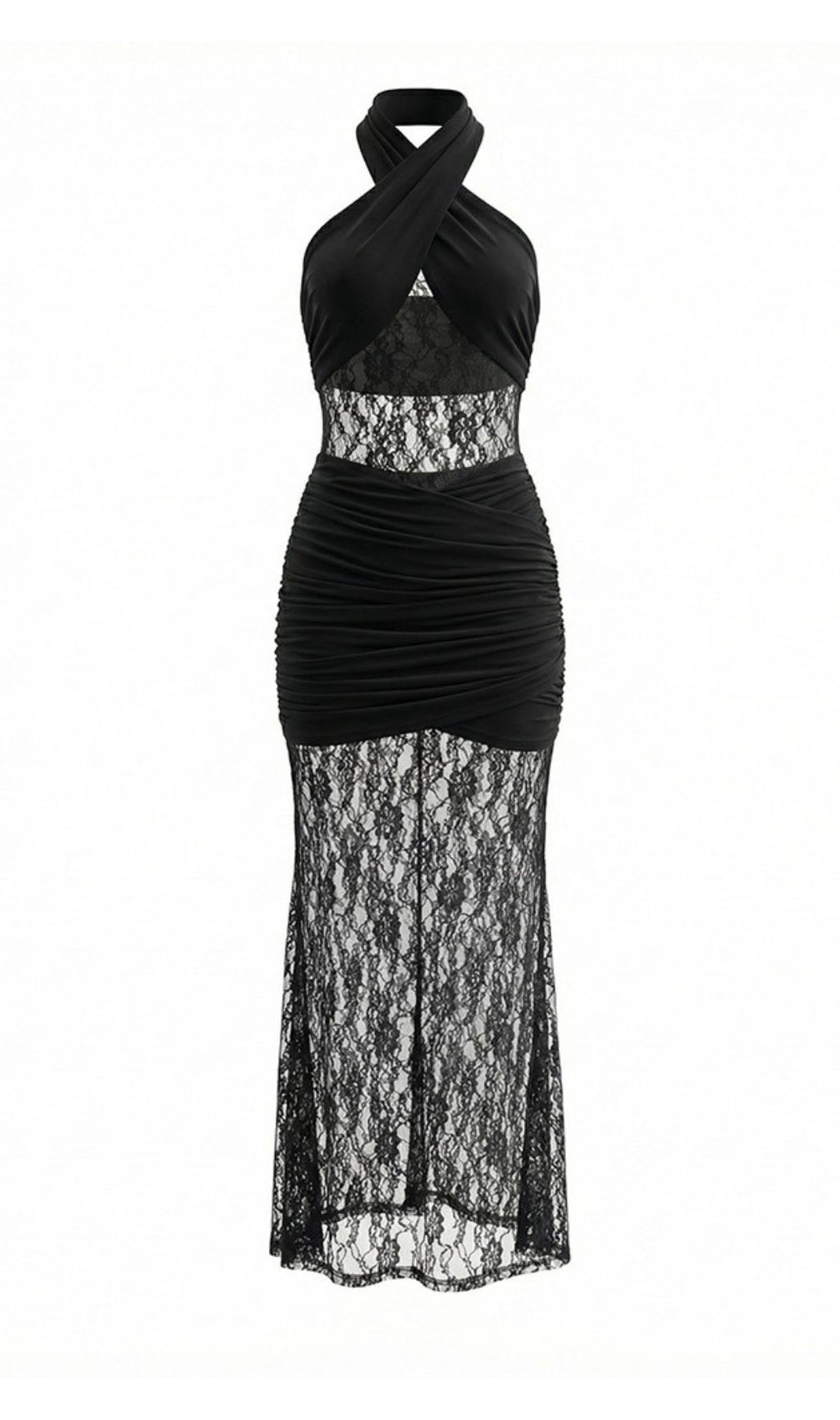Jaelle Black Halter Lace Ruched Maxi Dress - Romantic Evening Gown