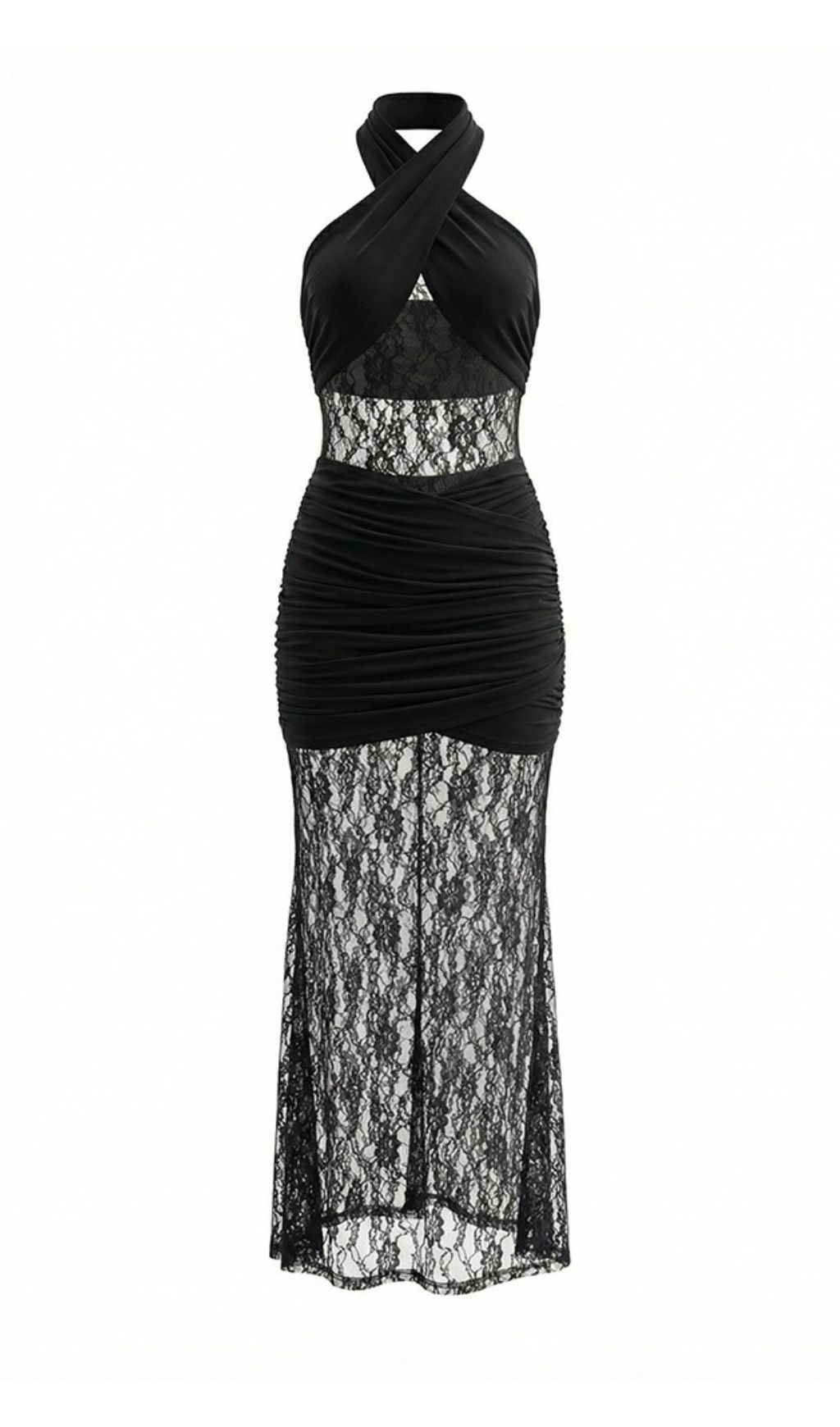 Jaelle Black Halter Lace Ruched Maxi Dress - Romantic Evening Gown