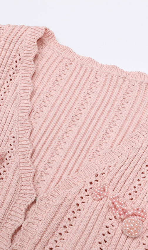 Elegant Pink Beaded Knit Mini Dress | Long Sleeve & Flattering Fit