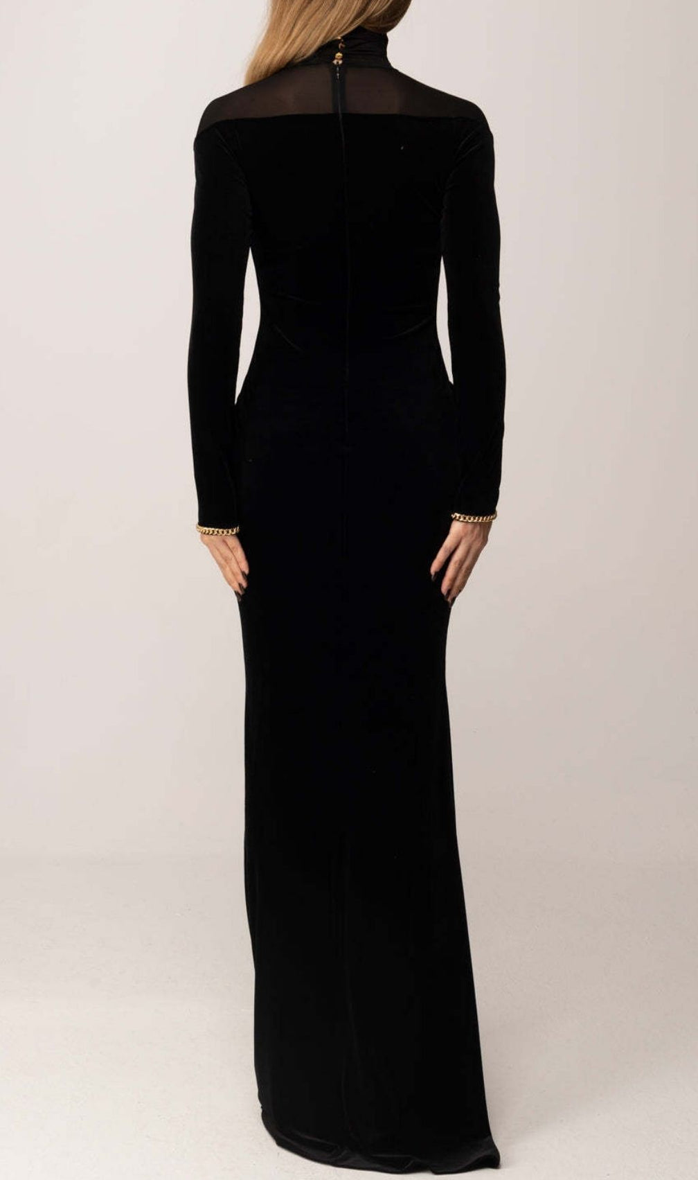 Katie Black Velvet & Mesh Long Sleeve Maxi Dress | Elegant Evening Gown