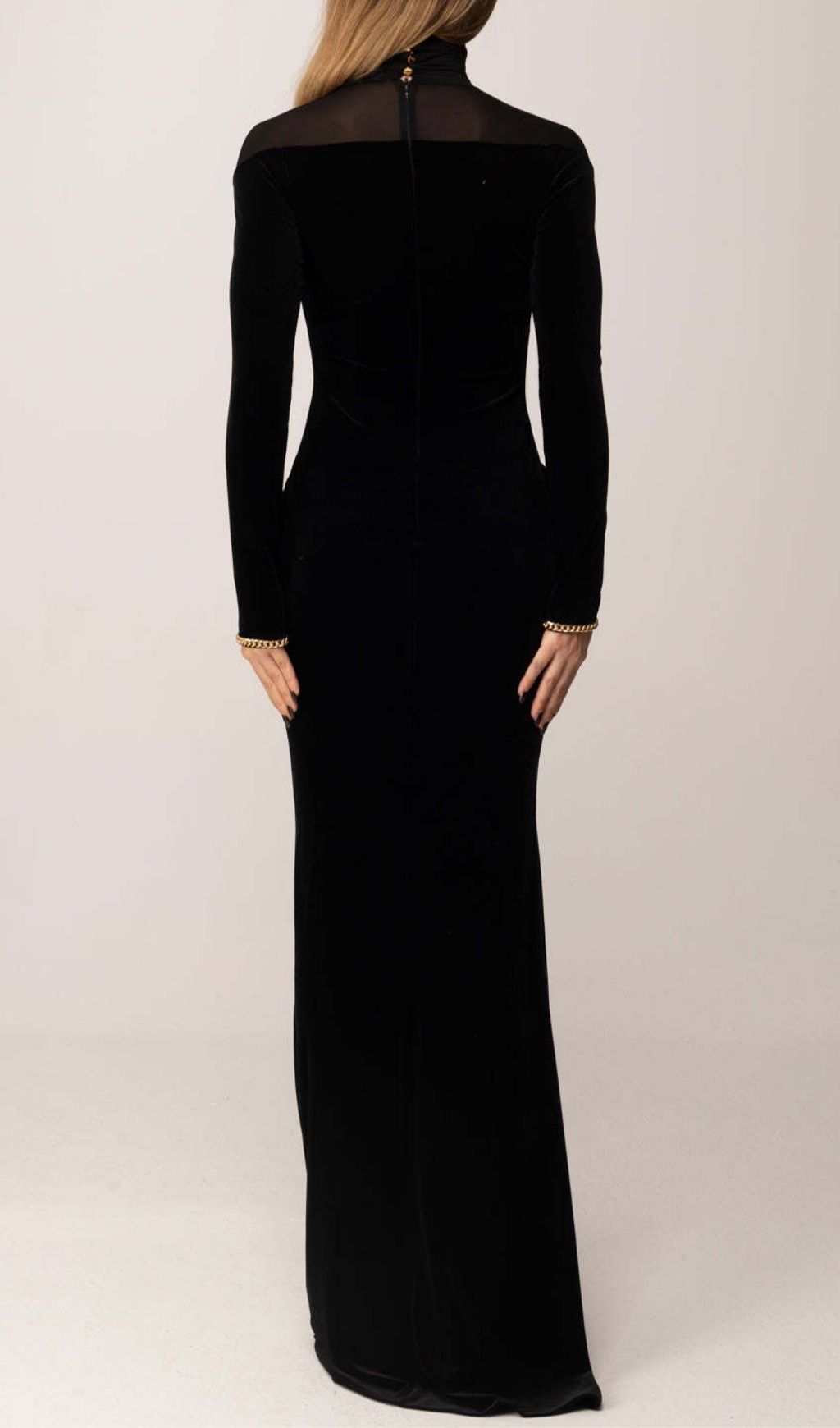 Katie Black Velvet & Mesh Long Sleeve Maxi Dress | Elegant Evening Gown