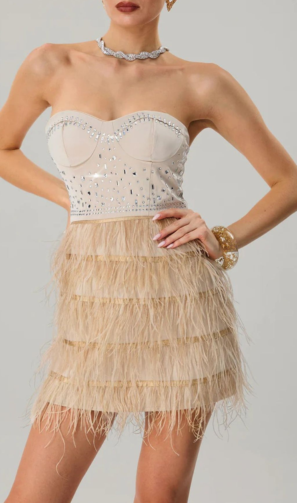 Jagtopa Strapless Rhinestone Feather Fringe Mini Dress - Glamorous Cocktail & Party